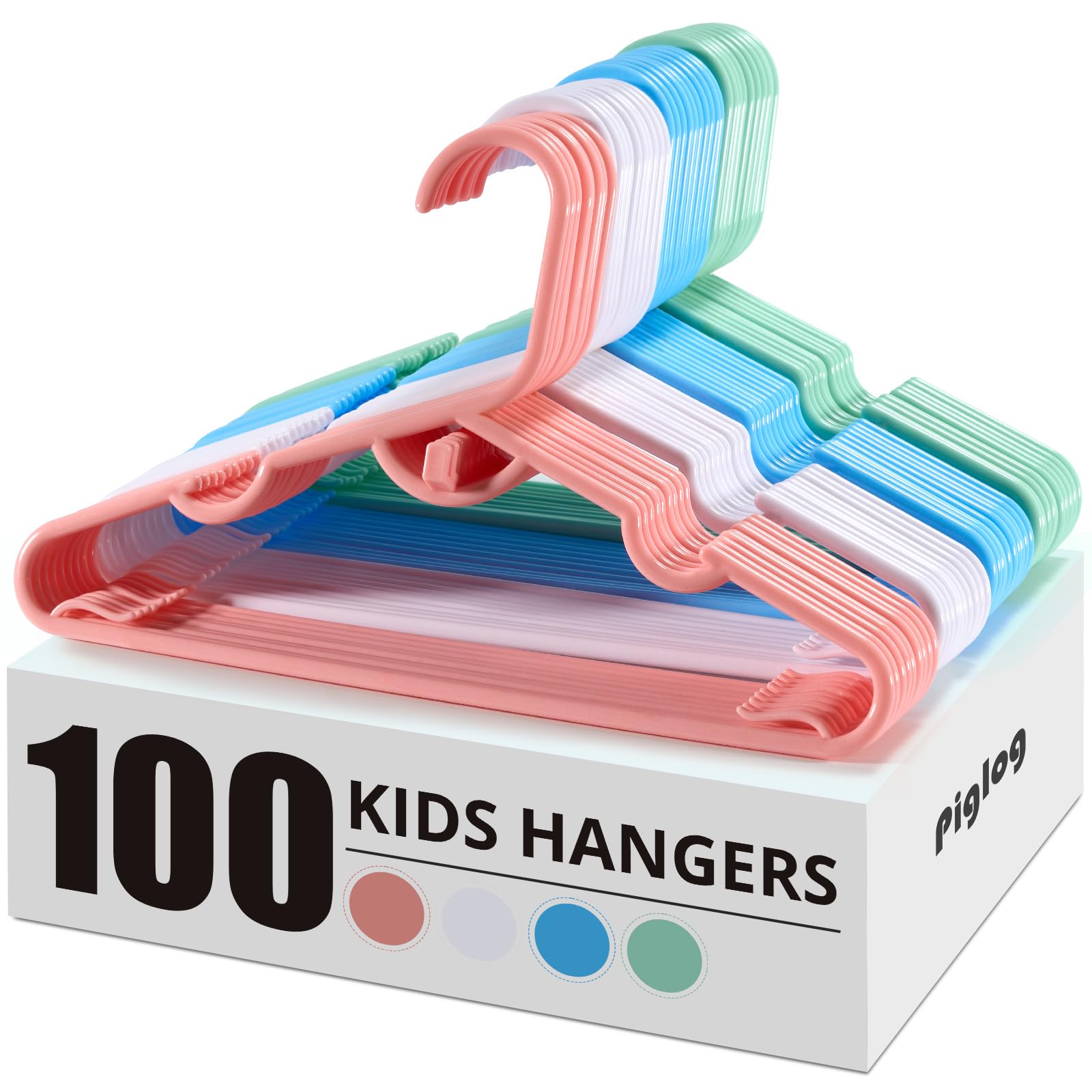 Piglog Baby Hangers 100 Pack, Mix Colour Kids Plastic Hangers Stackable Design Kids Hangers For Baby Closet, 11.4'' Durable Hang
