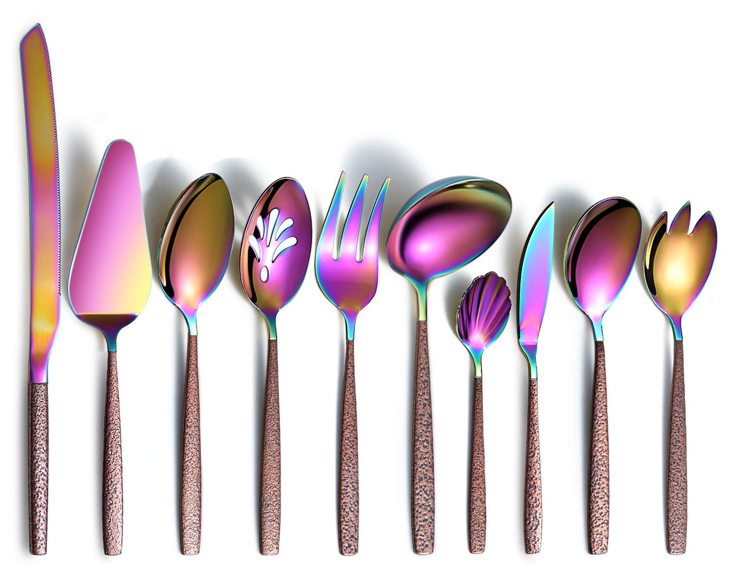 Berglander Silverware Serving Set 10 Pieces With Moon Surface Handle And Shiny Rainbow Mouth Titanium Plating, Stainless Steel M