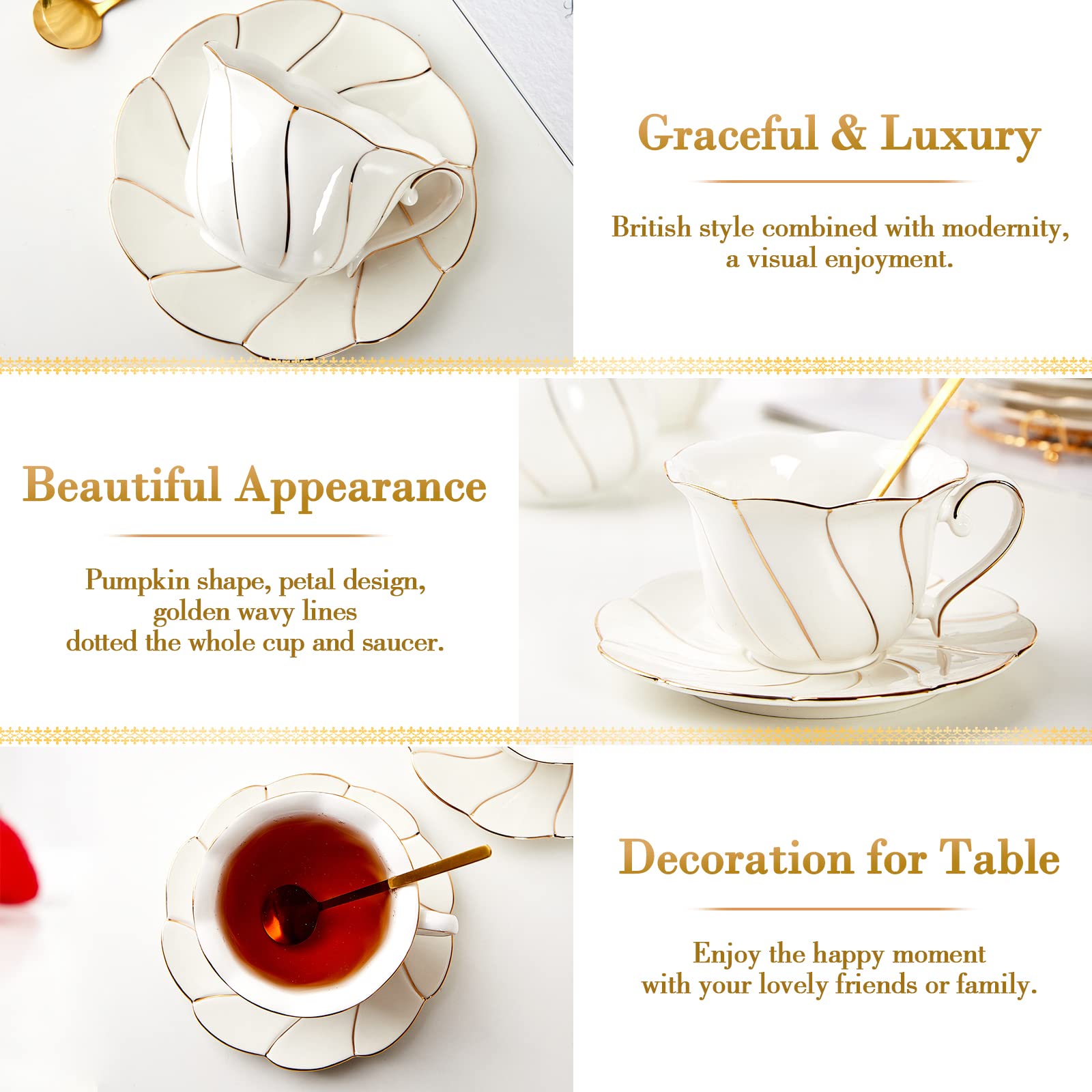 Dujust 3 Pcs Porcelain Tea Cup And Saucer Set With Tea Spoon, Luxury British Style Tea/Coffee Cup Set With Golden Trim, Beautifu