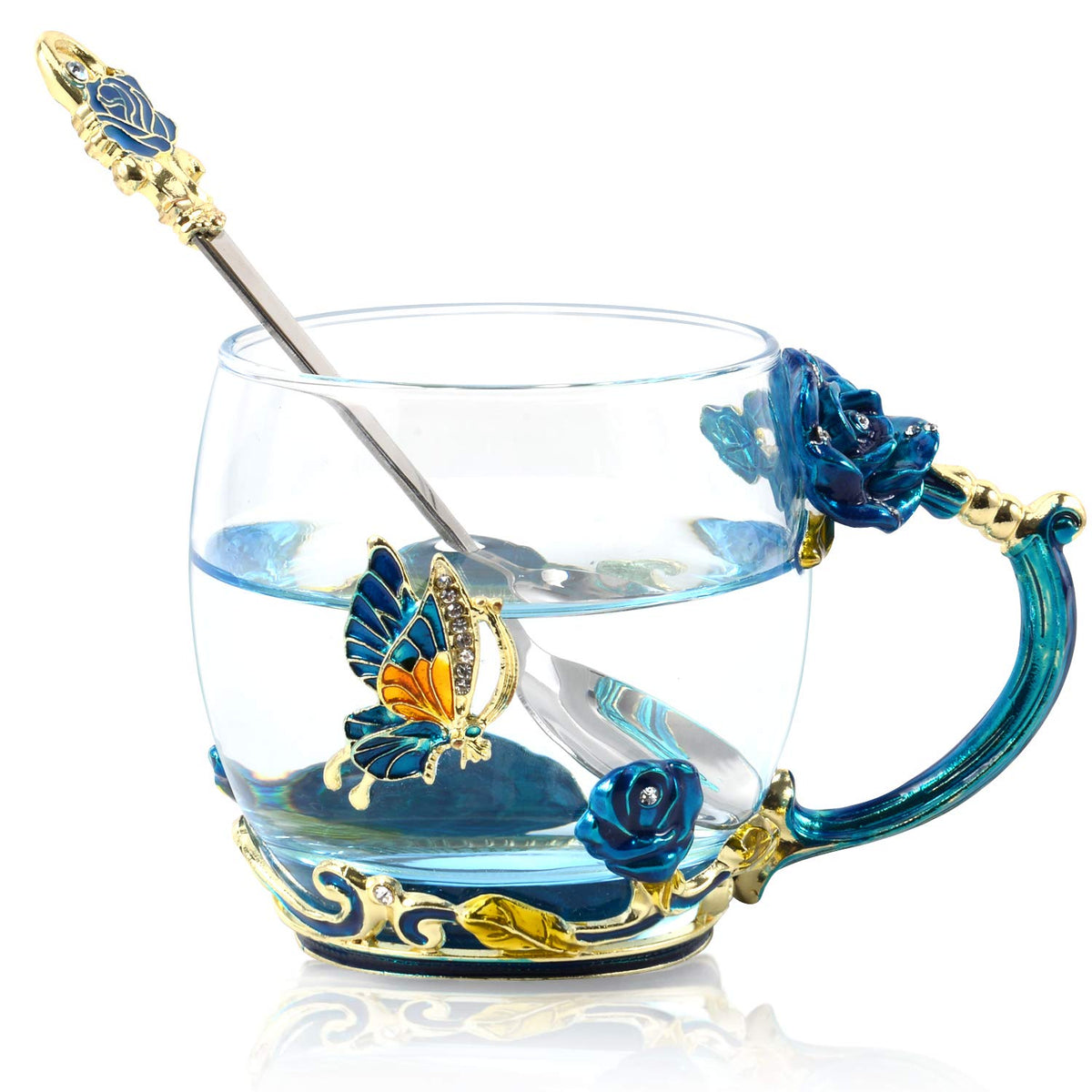 Wobox Tea Mug, Coffee Cup With Spoon Set Clear Glass Handmade Enamel Butterfly Flower,Mother'S Day,Birthday,Christmas Gift(11 Oz