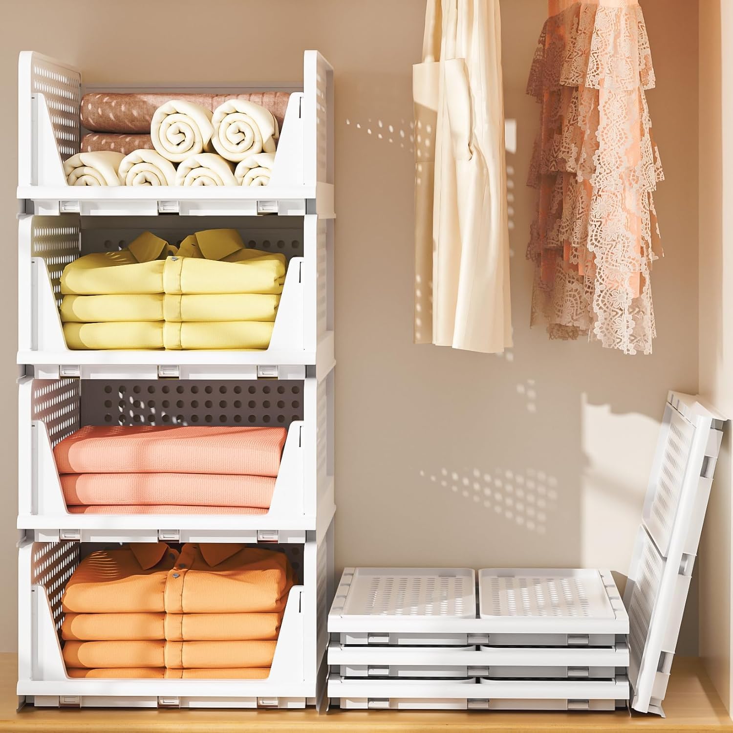 Verat 4 Pieces Wardrobe Organizer/Stackable Drawers/Storage Organiser/Foldable/Almirah/Closet Basket/Cupboard/Shirt Storage Stac