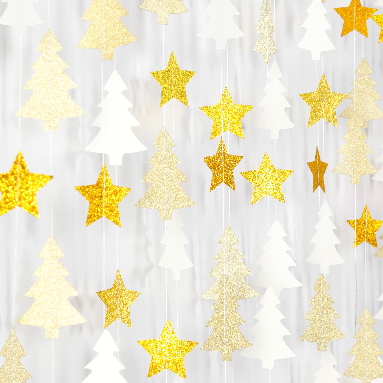 White-Gold Christmas-Tree Star Party-Decorations Garland - 52 Ft Winter New Year Supplies Hanging Paper Streamers Banner,Birthda