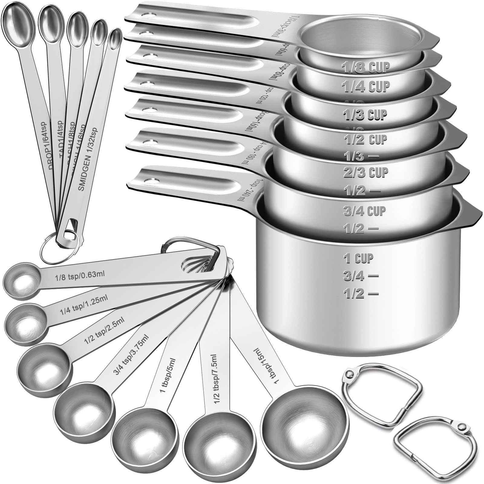 Measuring Cups And Spoons Set, 7 Stainless Steel Nesting Measuring Cups & 7 Spoons, 5 Mini Measuring Spoons & 2 Detachable Rings