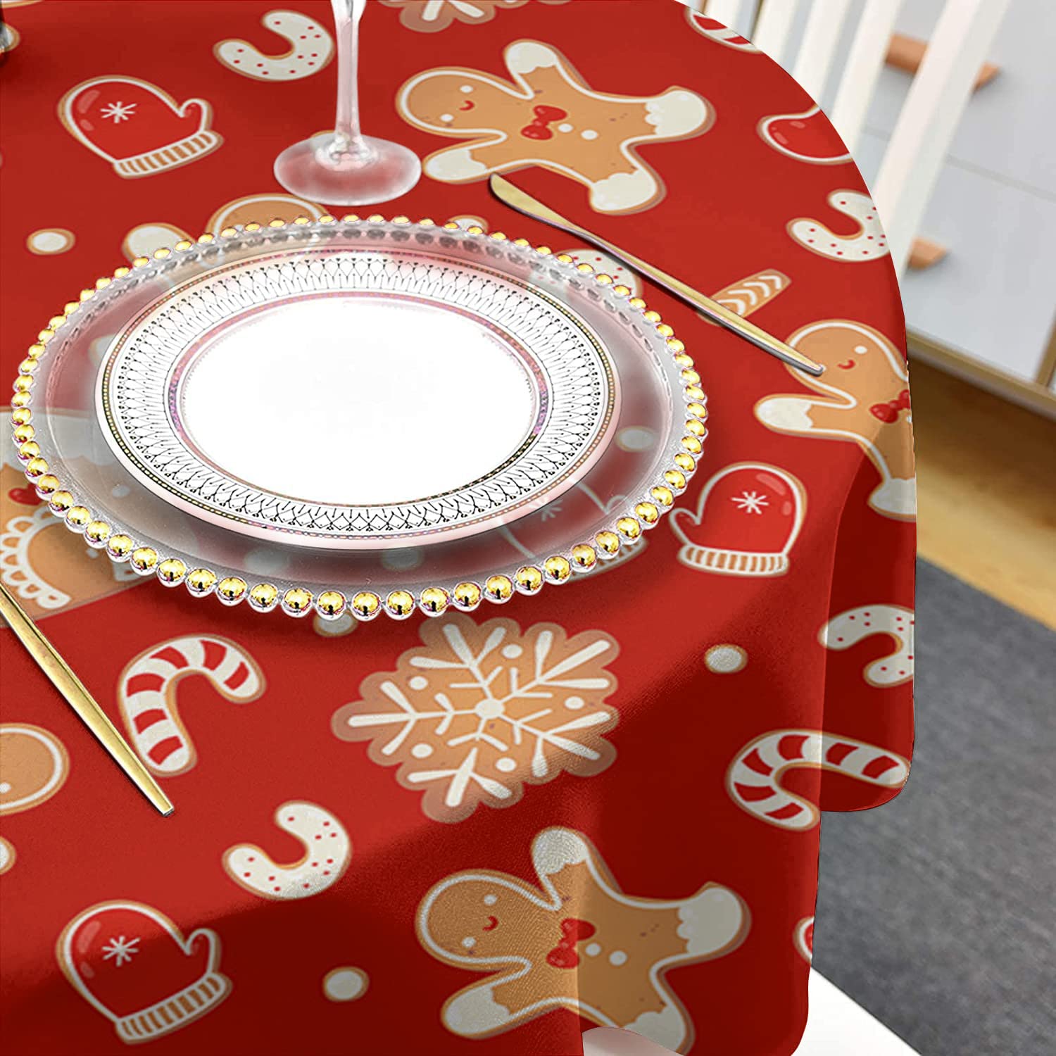 Christmas Round Tablecloth 60 Inch Gingerbread Man Snowflake Waterproof Oil-Proof Table Cloth Candy Cane Glove Kitchen Spillproo