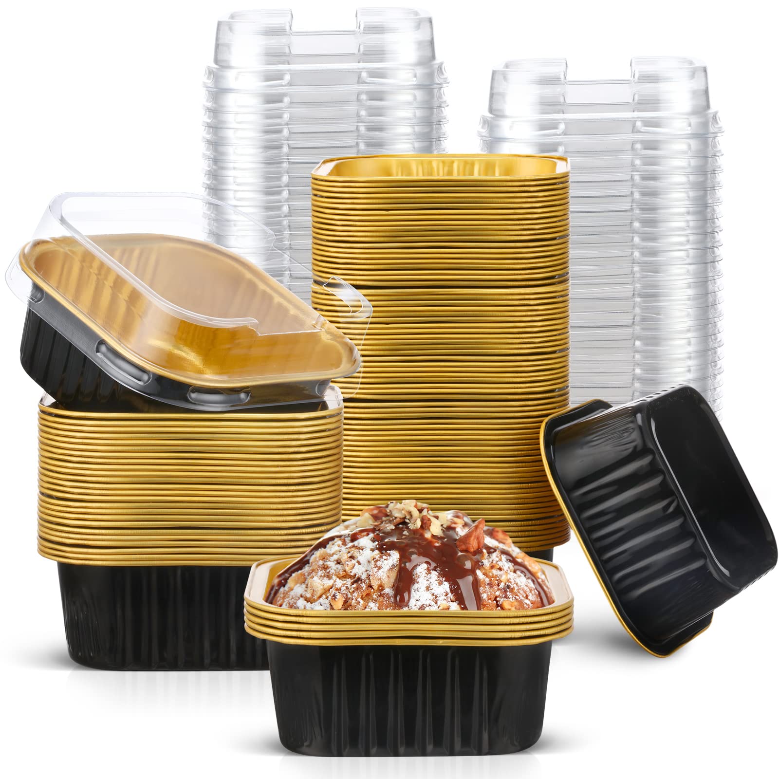 Mimorou 100 Pcs Mini Cake Pans with Lids, 5 oz Baking Cups(Black and Gold)