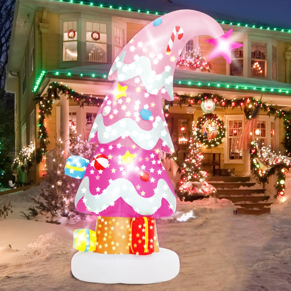 Lionoble 6 FT Christmas Outdoor Inflatable Decorations, Blow Up Pink Christmas Tree with LED Light for Xmas Holiday Party Garden