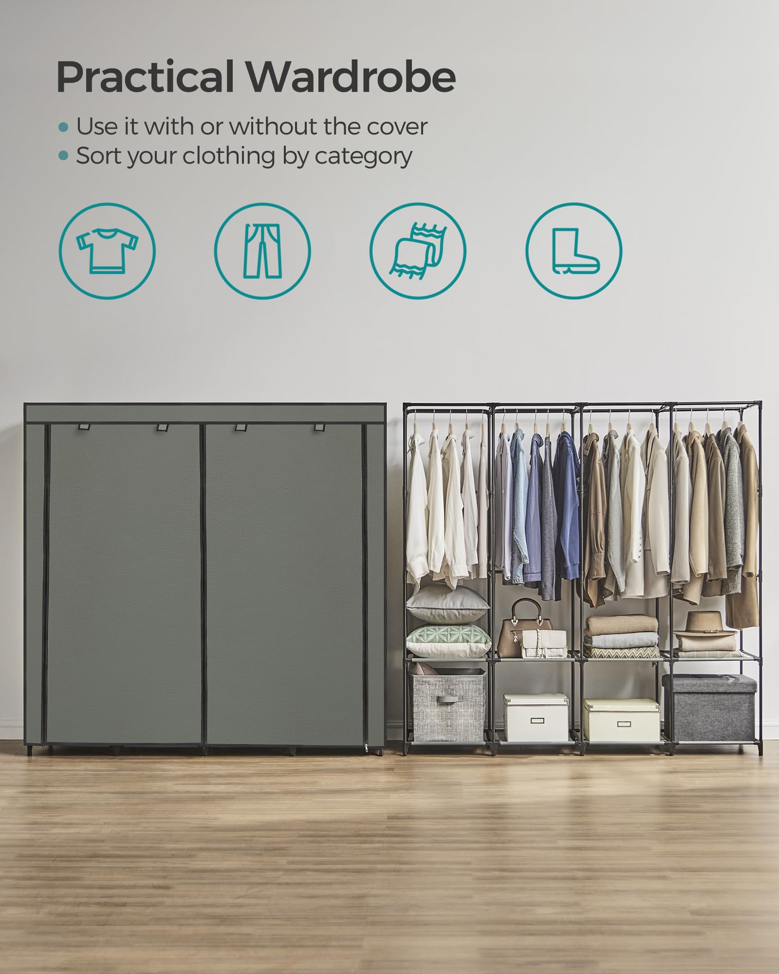 Songmics Portable Closet, Wardrobe Closet Organizer With Cover, 4 Hanging Rods And Shelves, 4 Side Pockets, 66.9 X 17.7 X 65.7 I