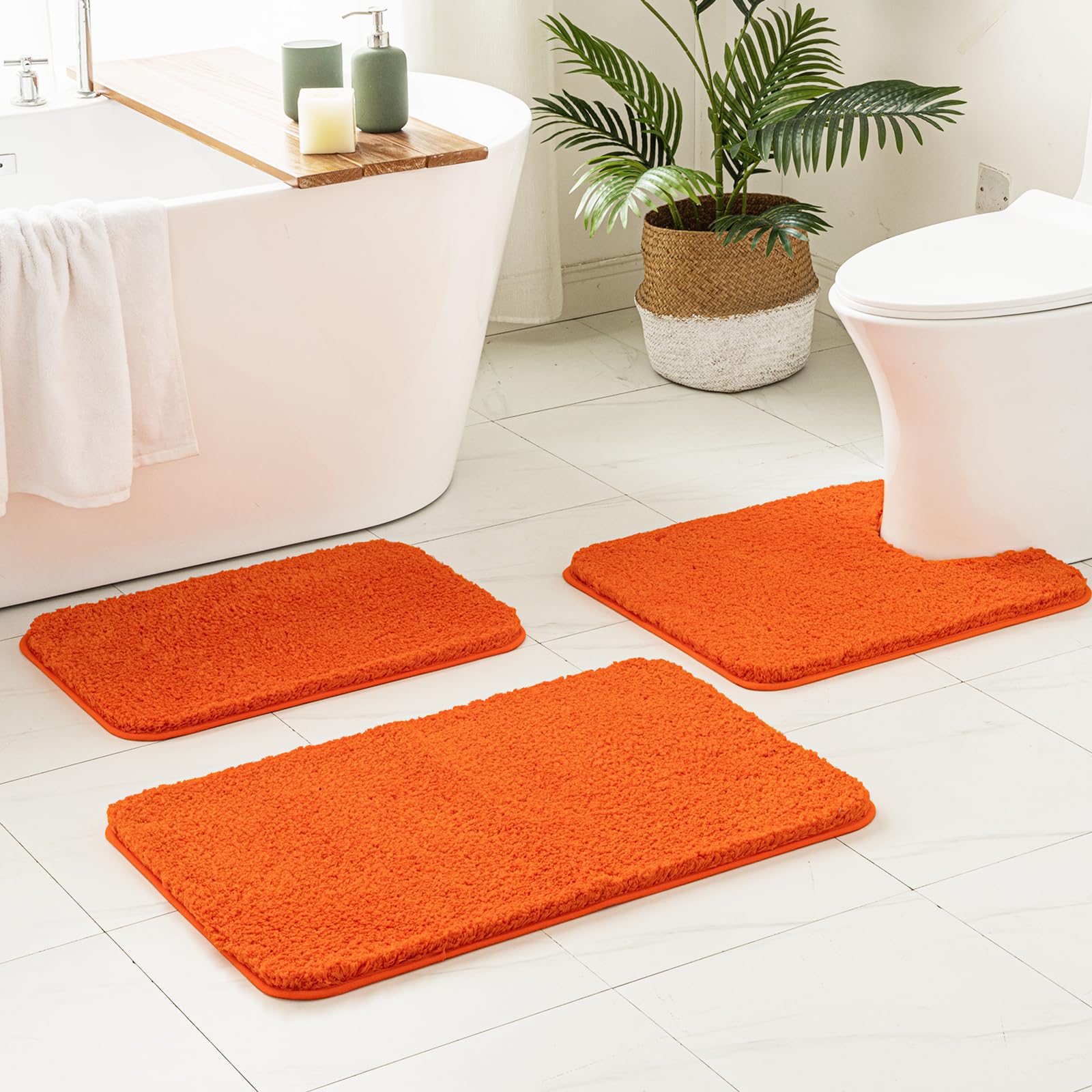 Miulee Fall Orange Bathroom Rugs Sets 3 Piece Including U Shaped Toilet Rug - Soft Absorbent Bath Mats Set With Non Slip Rubber