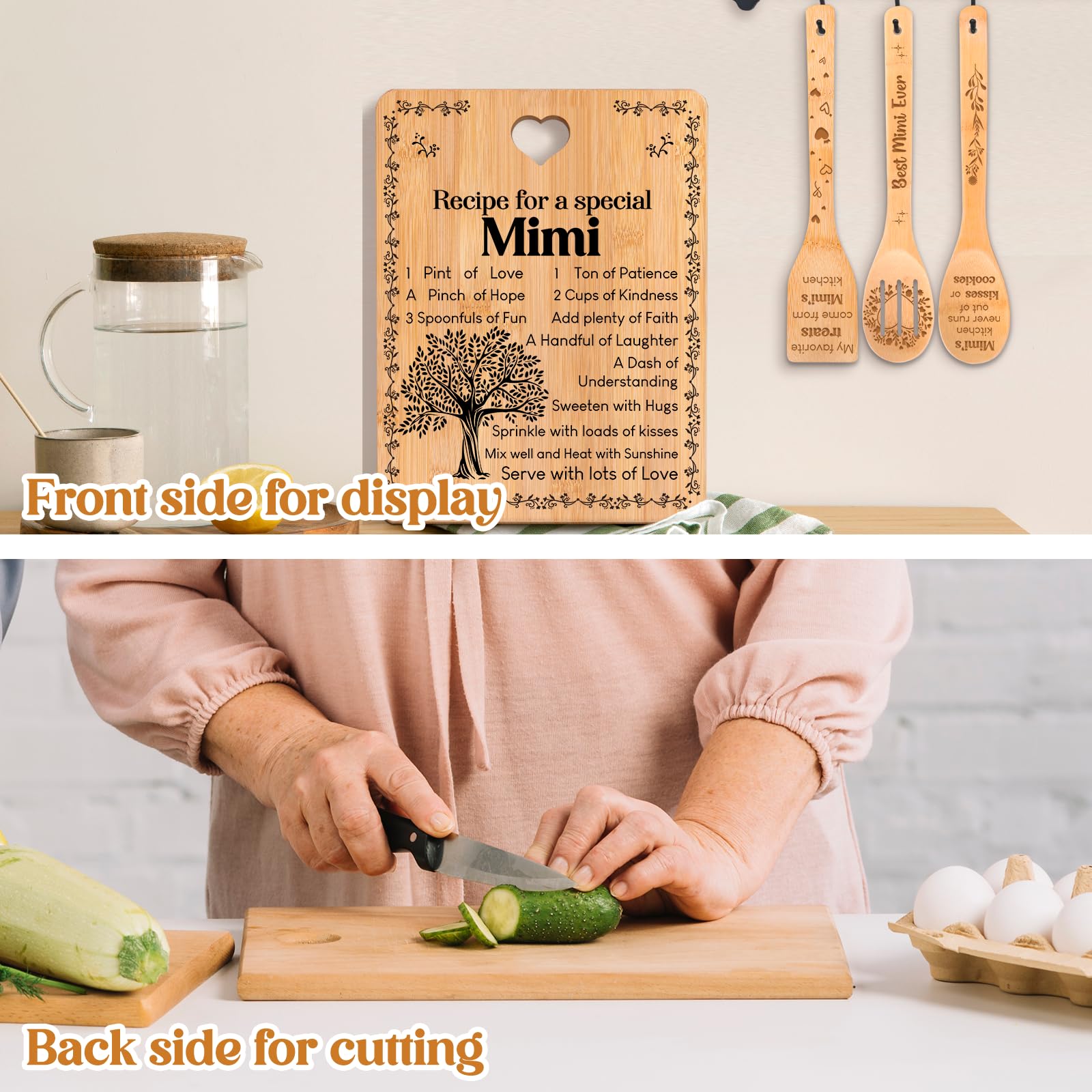 Mimi Gifts -  Recipe for a Special Mimi  Gifts for Mimi Cutting Board Set, Bamboo-Made Engraved Utensil Set Best Mimi Ever Gifts