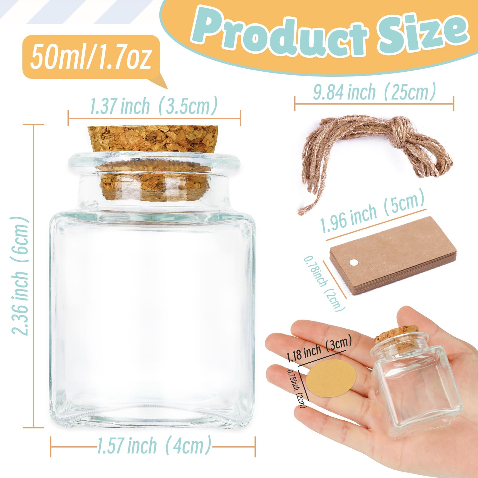 OurWarm 12 Pack Square Small Glass Bottles with Lids, 1.7OZ Mini Glass Jars with Cork Tag Label and Twine, Versatile Small Bottl