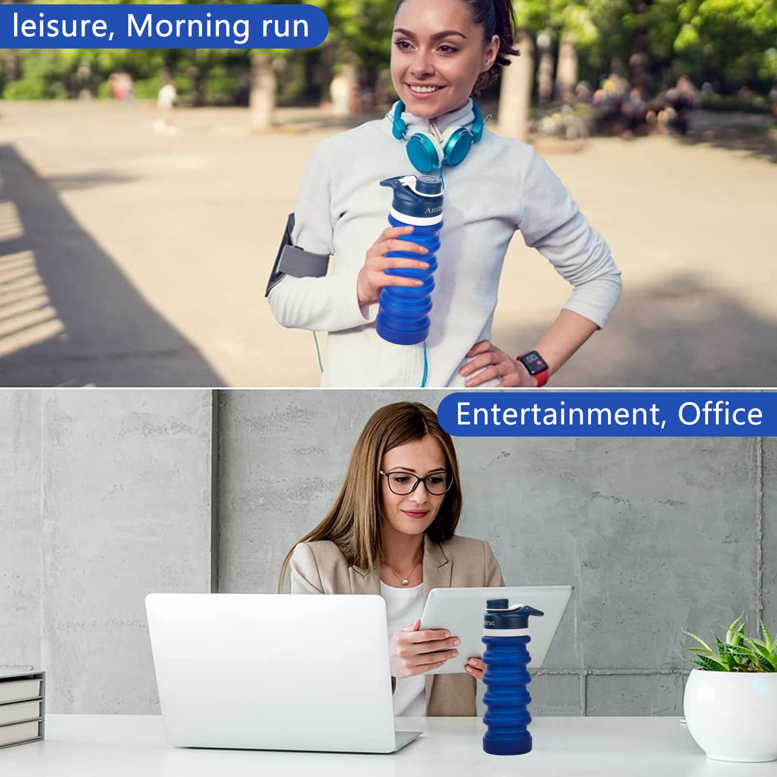 Anntrue Collapsible Water Bottle Food-Grade Silicone Portable Leak Proof Travel Water Bottle  18oz(Navy Blue)