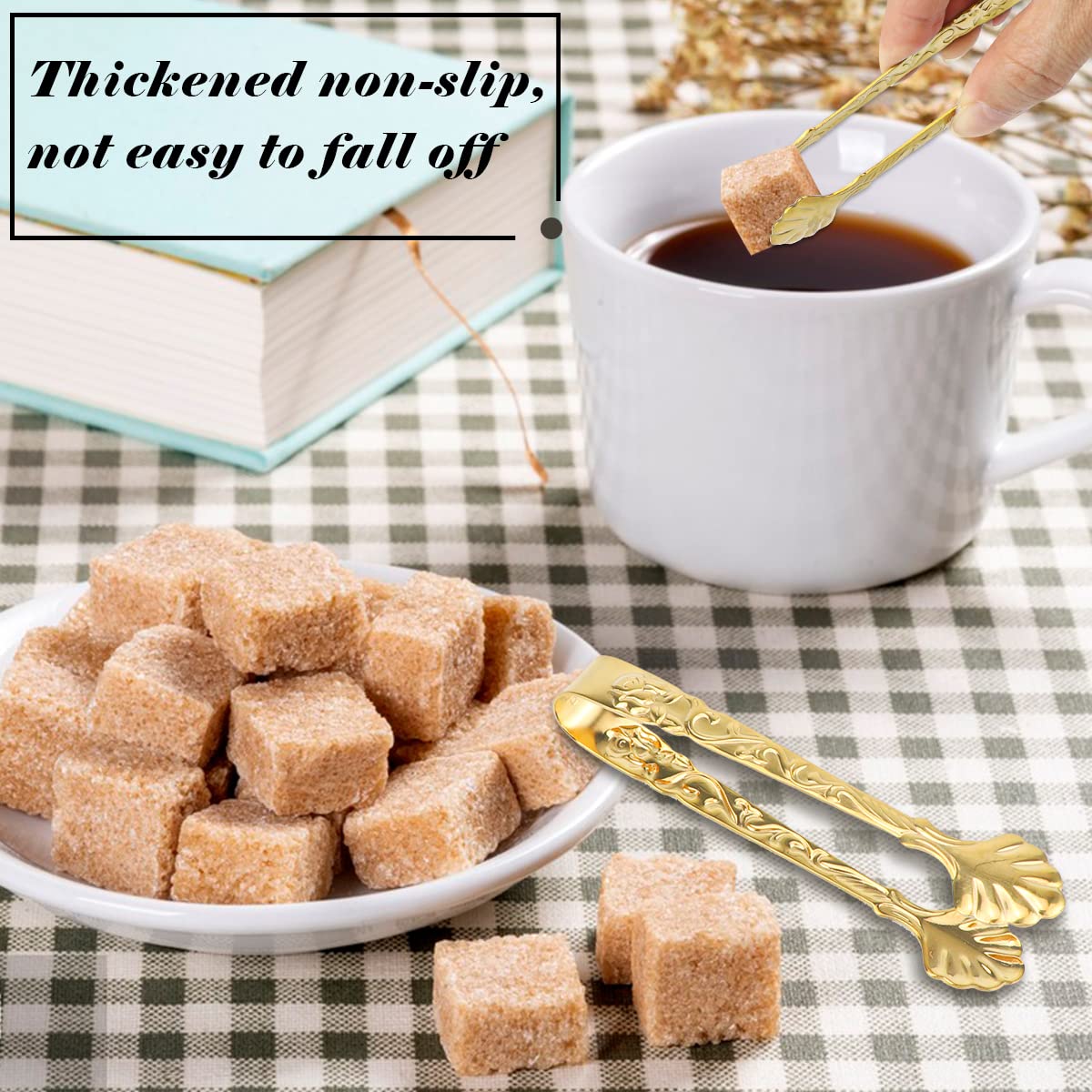 Doerdo 2Pcs Ice Cube Tongs Sugar Tongs Stainless Steel Mini Serving Tongs Appetizers Tongs For Tea Party Coffee Bar, Gold