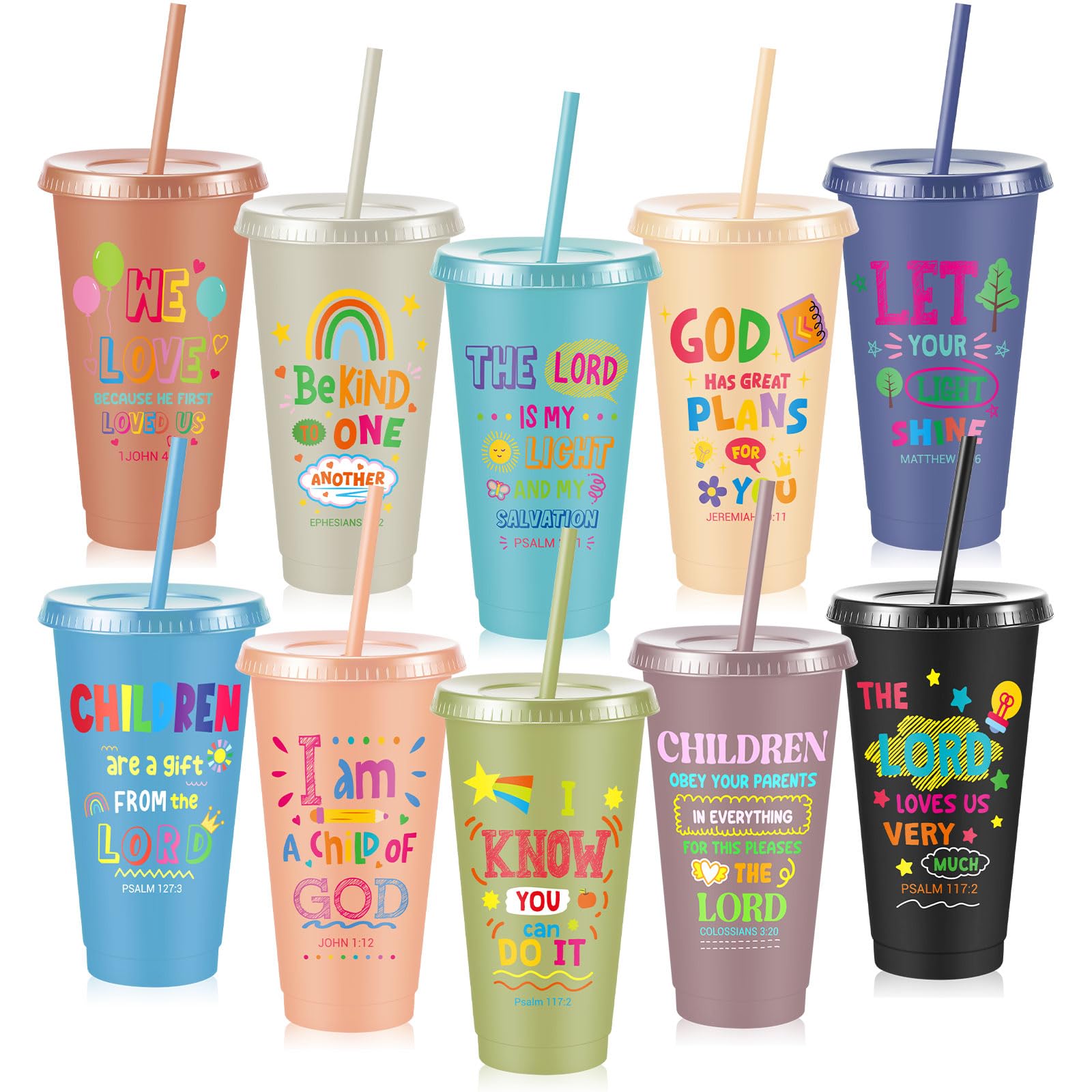 Uiifan 10 Pcs Morandi Christian Cups for Kids, 24oz Pastel Reusable Plastic Tumblers with Lids and Straws, Bible Verse Party Cup