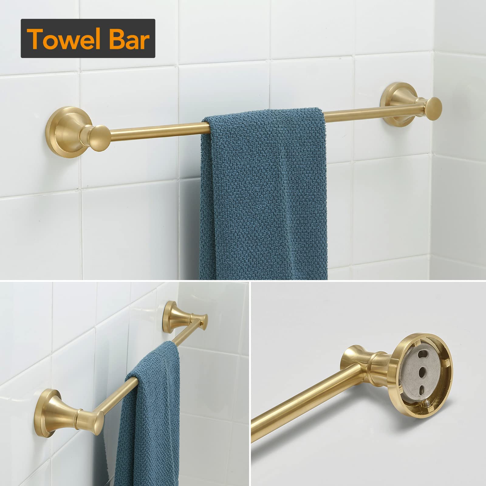 BESy Brushed Gold 4 Piece Bathroom Accessories Set (Single Towel Bar  Towel Ring  Toilet Paper Holder  Double Towel Hooks)  Wall Mounted Bath Hardware Accessory Fixtures Set
