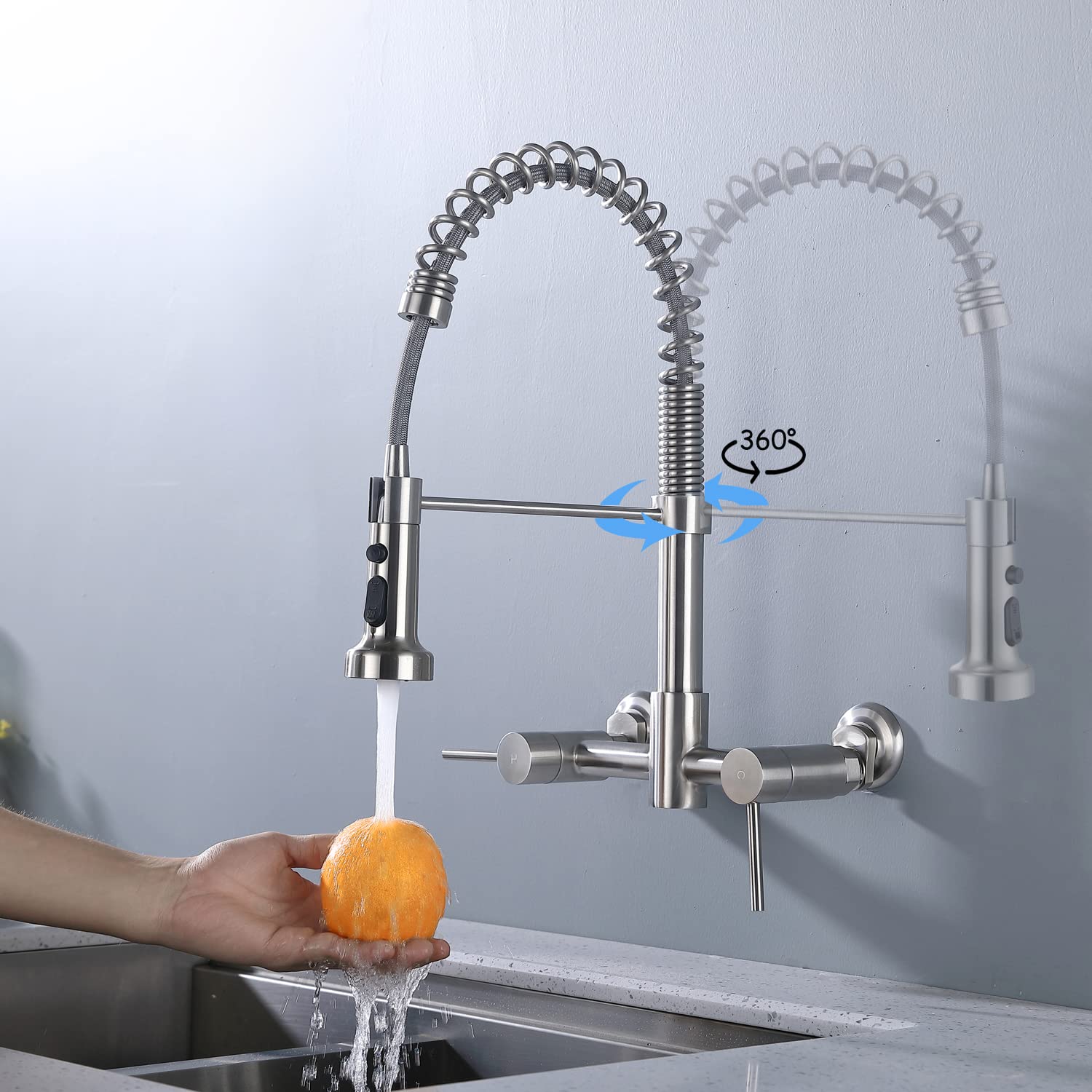 Fonveth Wall Mount Kitchen Faucet, 8 Inch Center Wall Mount Kitchen Sink Faucet With Pull Down Sprayer, Wall Mount Faucet With S