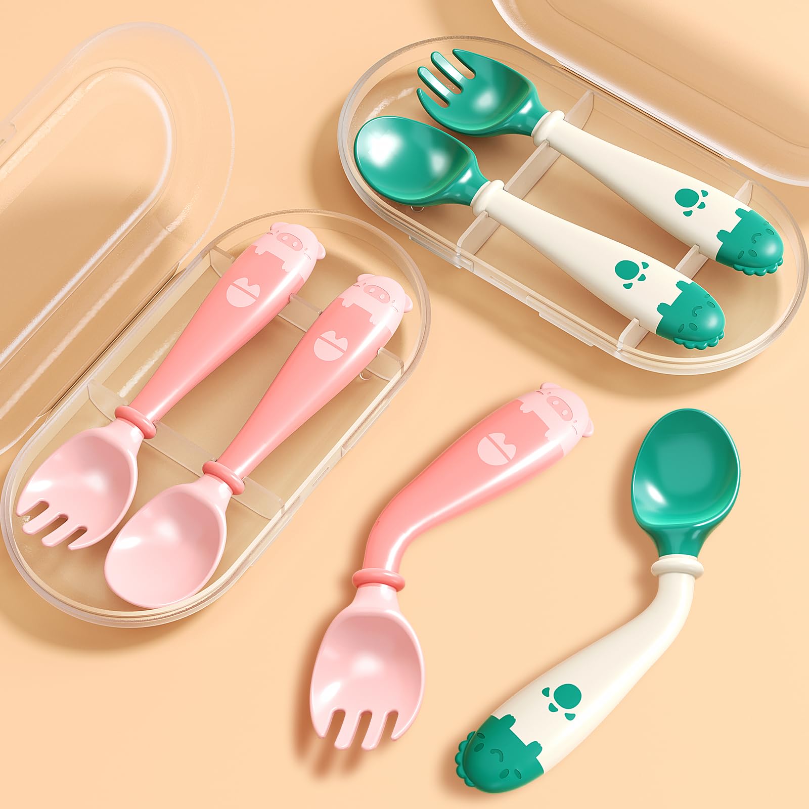 Deejoy Toddler Utensils with Travel Safe Case, Silicone Baby Spoons and Fork Set for Self Feeding, Toddlers Feeding Training Spo