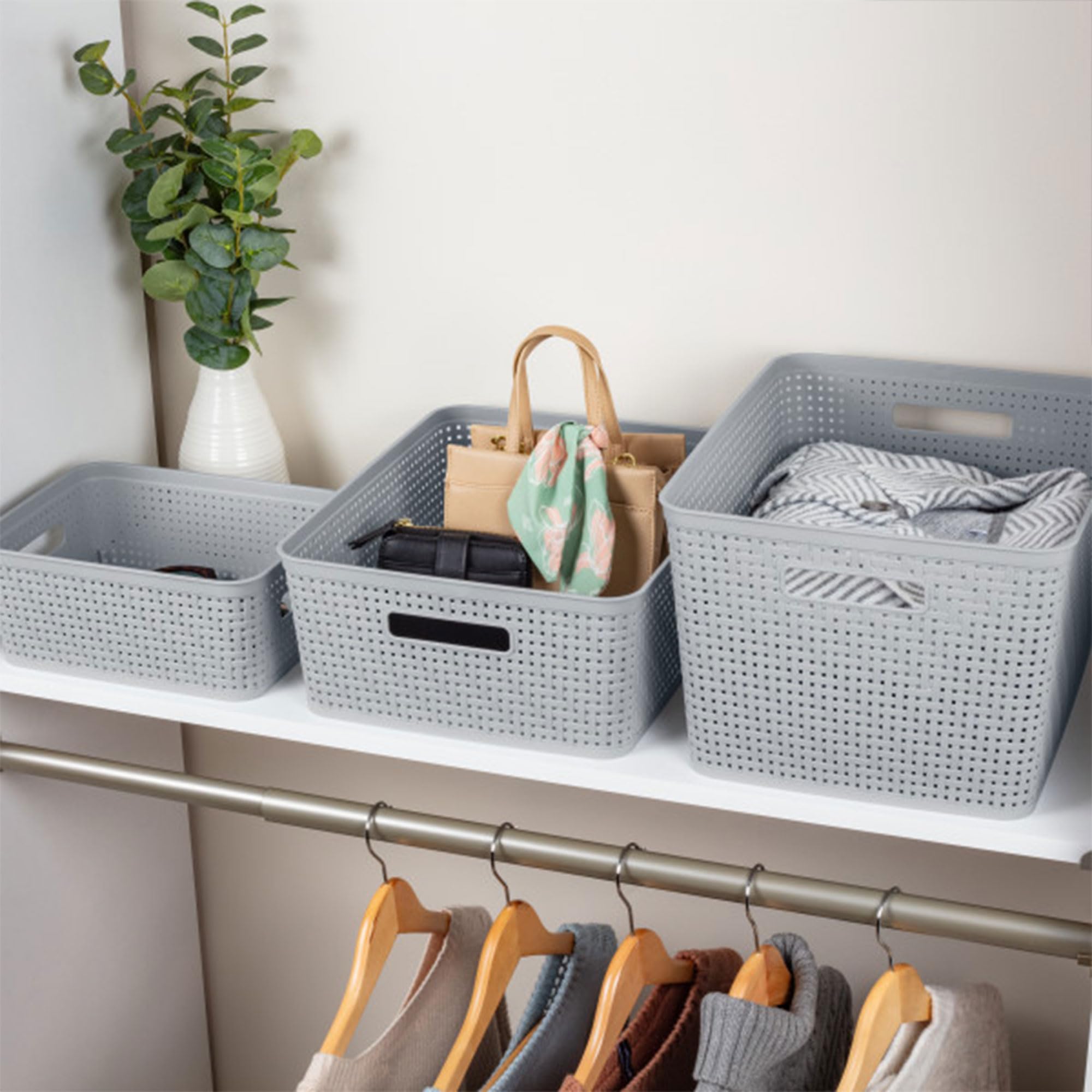 Sterilite 6 Pack Plastic Storage Bins, Tall Basket Organization Containers, Model 12936A06, Cement Color