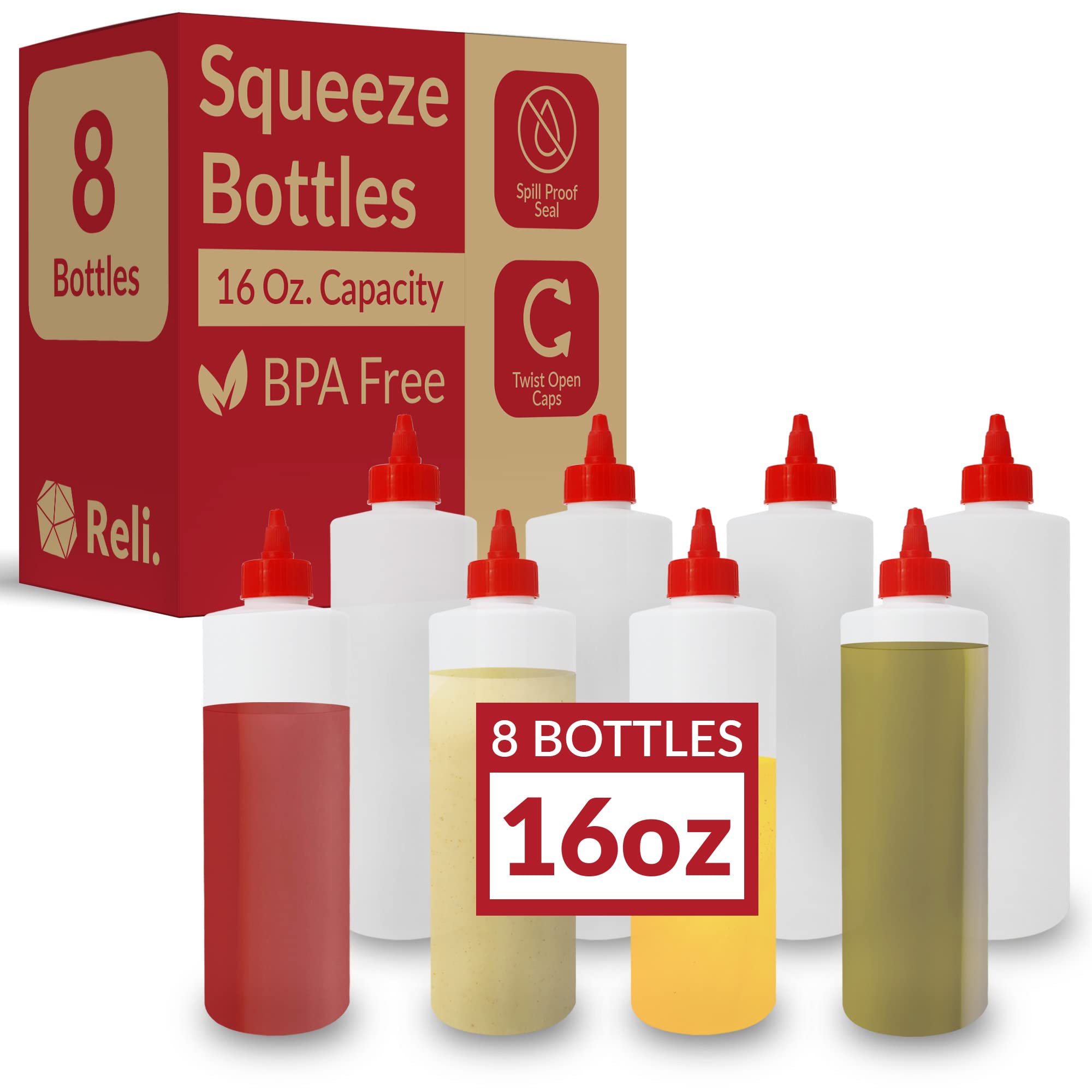 Reli. Plastic Squeeze Bottles, 16 Oz. | 8 Pack | Condiment Squeeze Bottles For Sauces | Clear W/Red Twist Cap | 16 Ounce Hot Sau