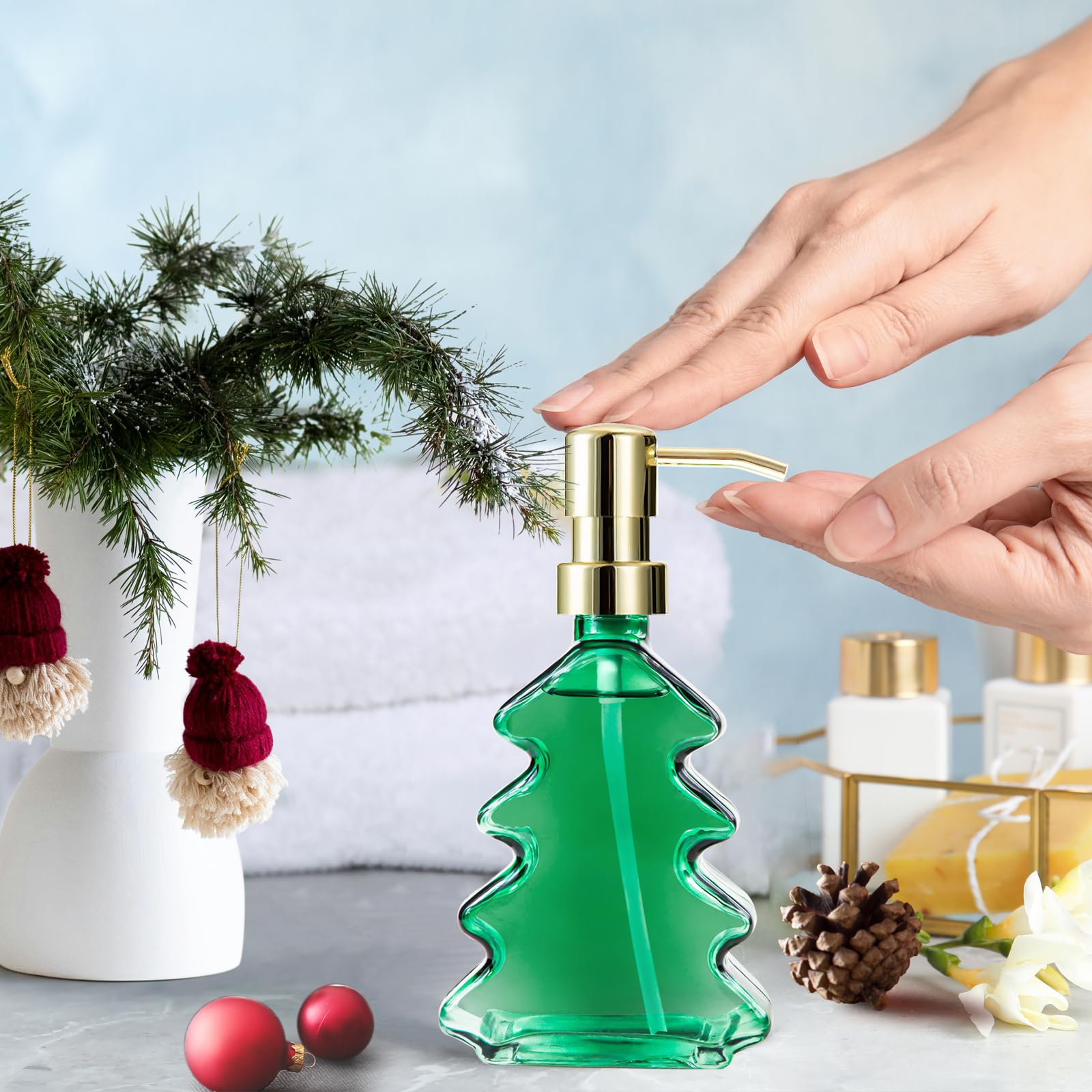 Syfurnix Christmas Soap Dispenser 2Pcs Green Glass Hand Soap Dispenser For Bathroom, Kitchen Sink, Dish Soap Dispenser With Pump