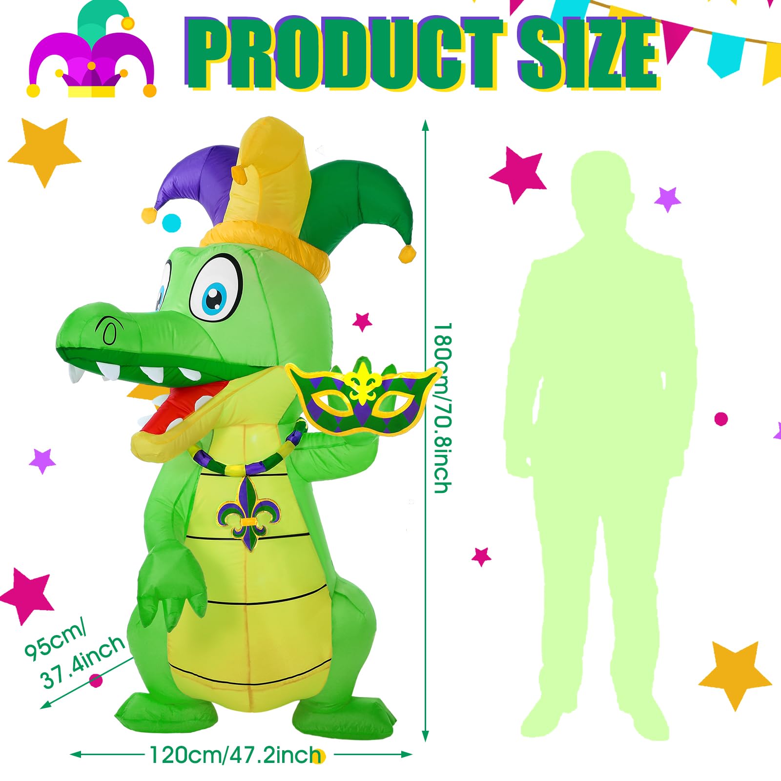Shappy Inflatable Alligator Decoration with LED Lights - 6 ft Pink Mardi Gras Yard Decor - Model Shappy-5655665ff