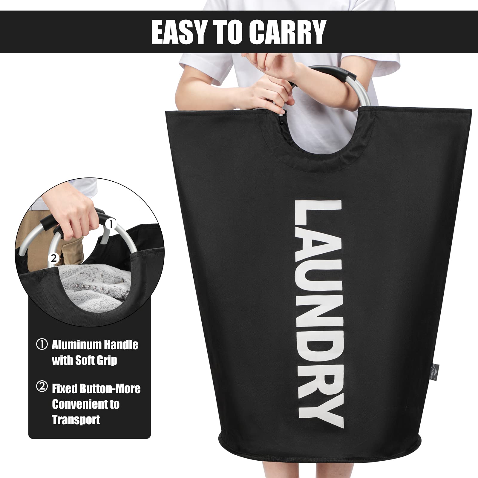DOKEHOM 125L X-Large Laundry Basket  collapsible Laundry Bag  Freestanding Tall clothes Hamper  Foldable Washing Bin (Black)