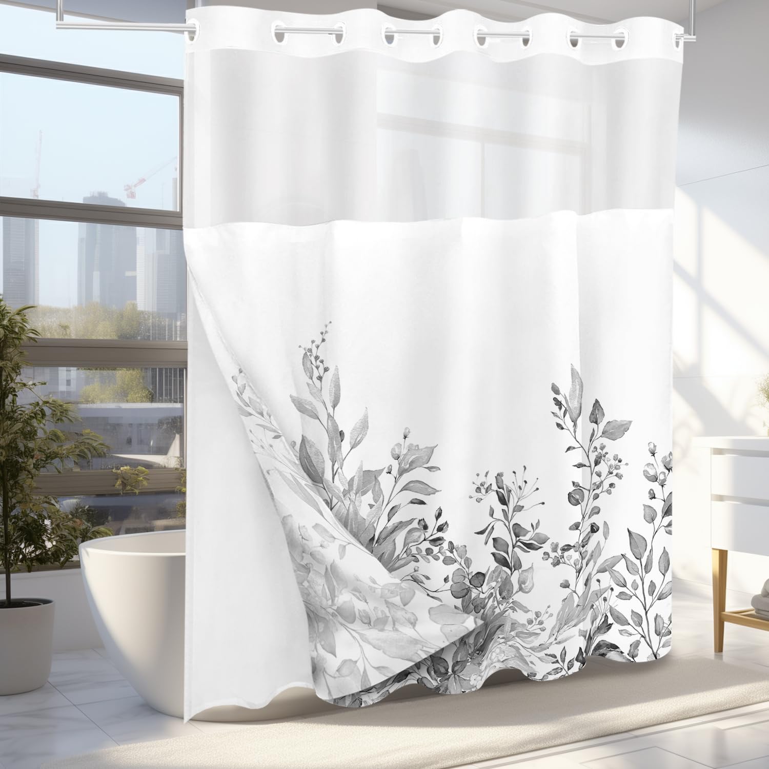 Tititex No Hooks Snap In Liner Grey Eucalyptus Leaves Shower Curtain Sets, Hotel Luxury Double Layers Waterproof Fabric & See-Th