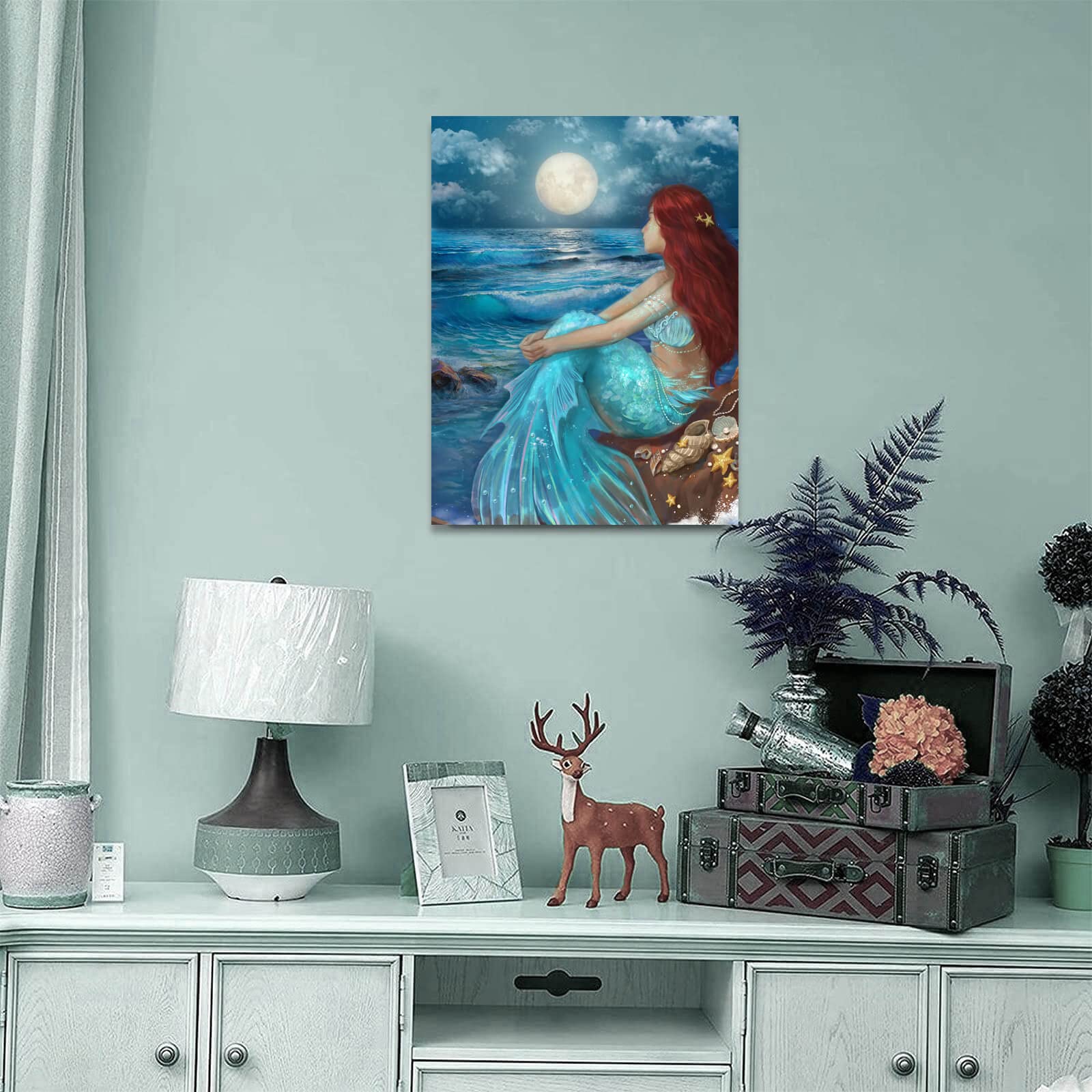 Girl Wall Decorations Blue Ocean Wall Art Bedroom Decor For Women Moon Night Wall Painting Shell Canvas Prints Size 12''X 16''