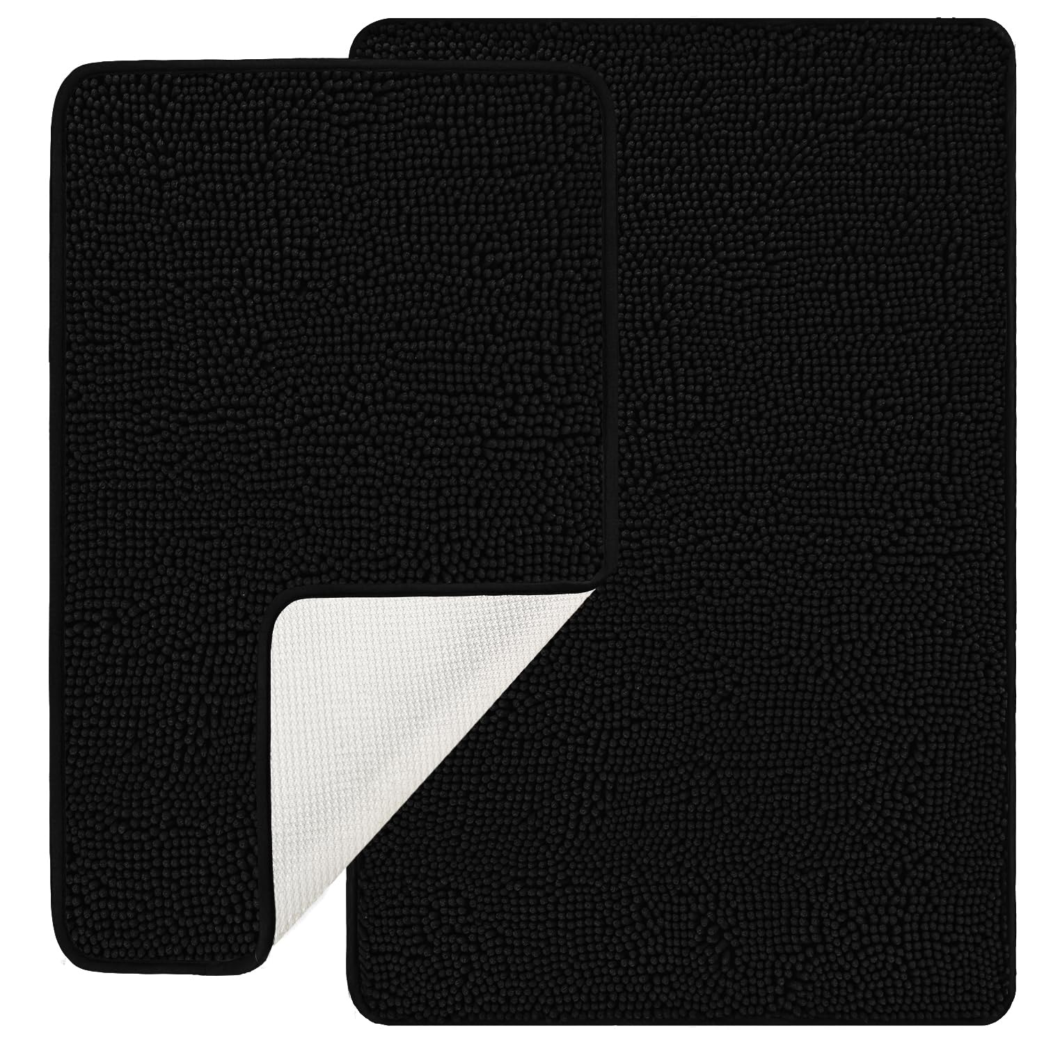 Pureswan Black Bathroom Rugs Sets 2 Piece - Absorbent And Washable Bath Mat, Non-Slip, Thick Soft Chenille Bath Rugs For Bathroo