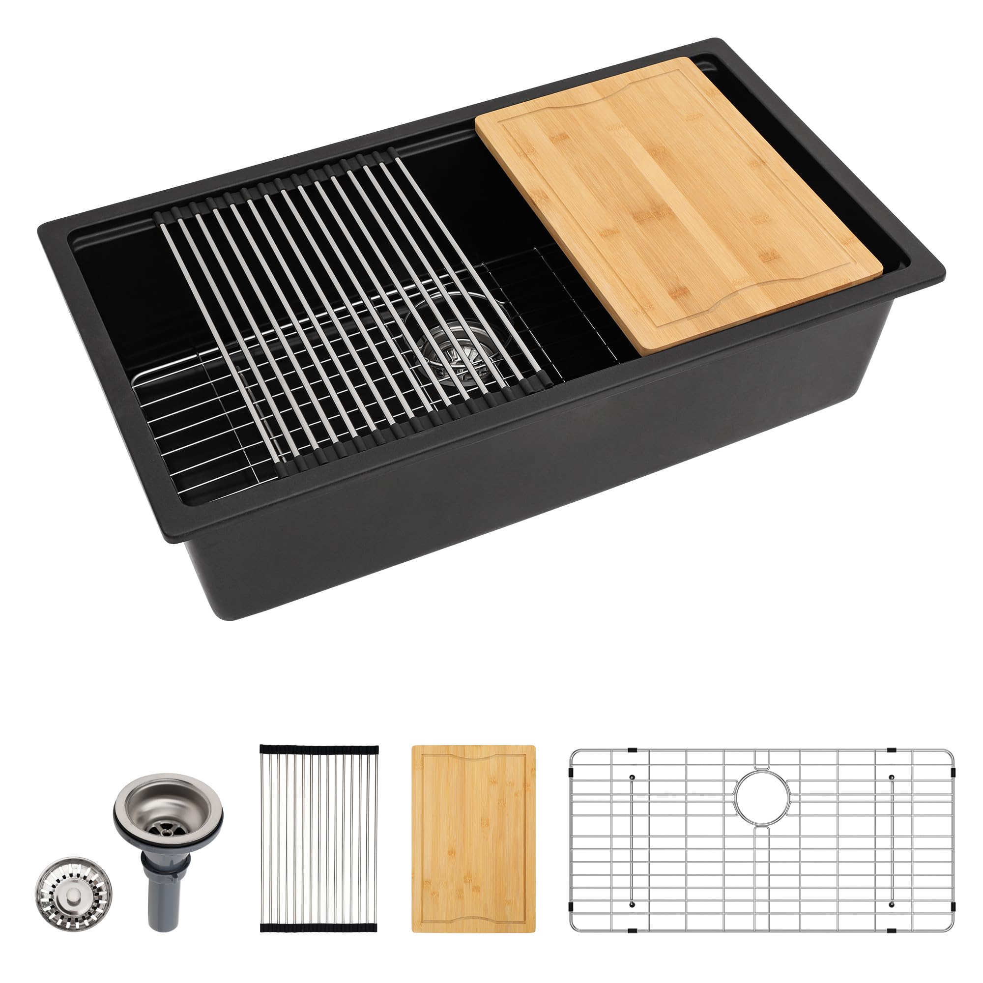 Dcolora 30 Inch Matte Black Kitchen Sink Workstation Granite Composite Undermount Single Bowl Kitchen Sink,DC-GU8769