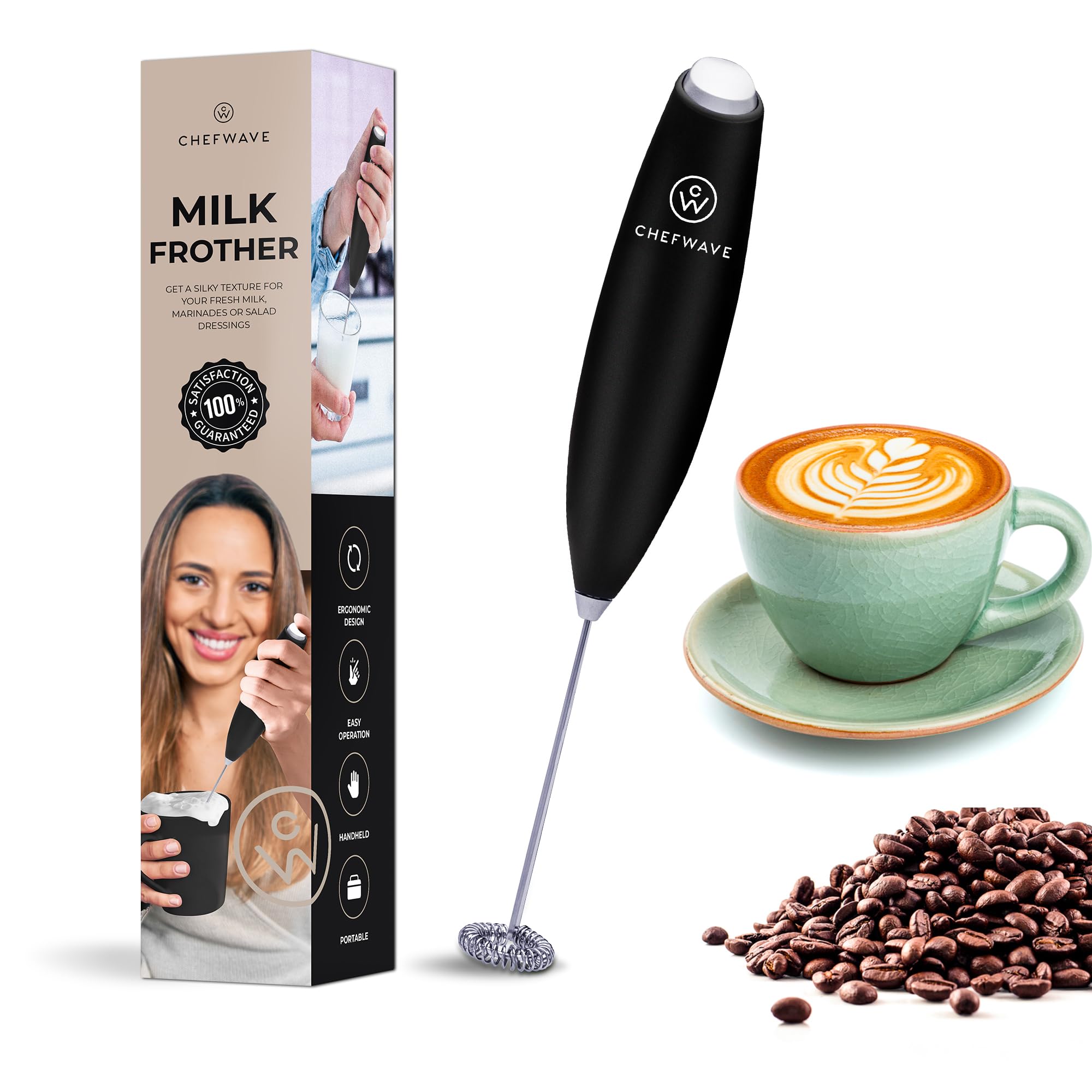 ChefWave Handheld Milk Frother, CW-MFB, Silicone Grip, Black Color