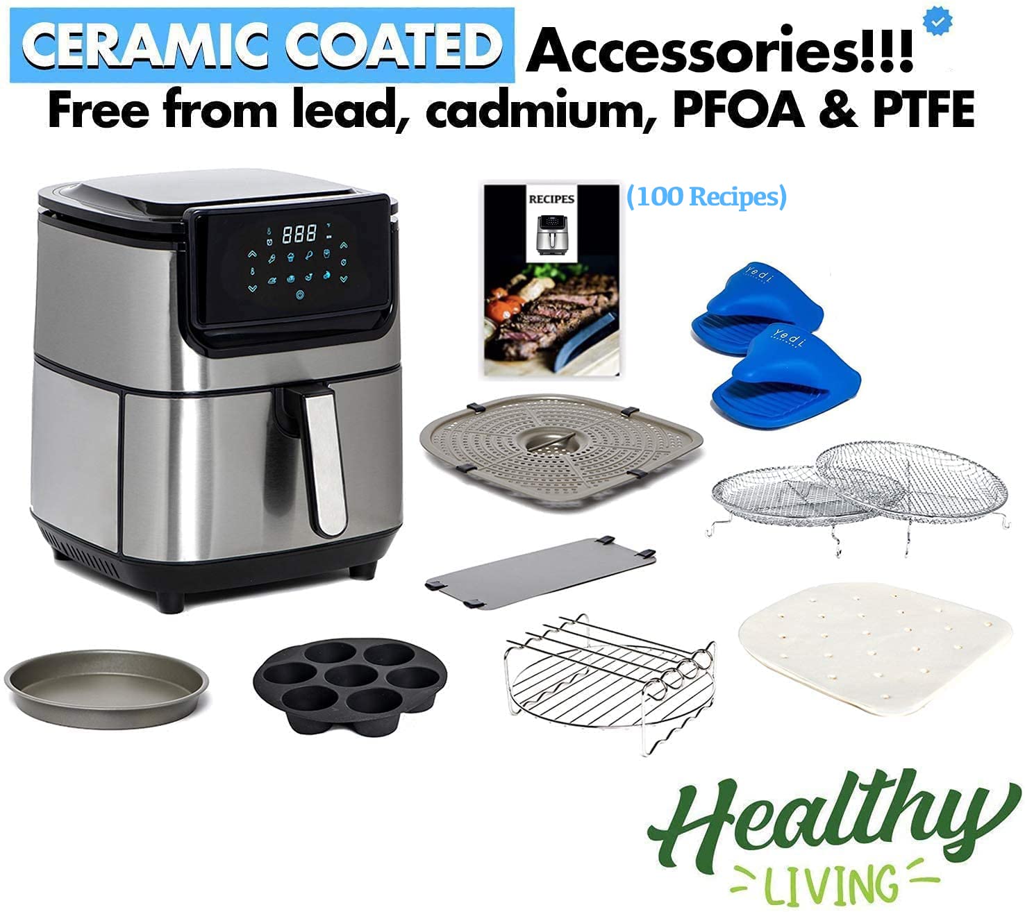 Yedi Evolution Air Fryer, 6.8 Quart, Stainless Steel, Ceramic Cooking Basket, With Deluxe Accessory Kit And Recipe Book
