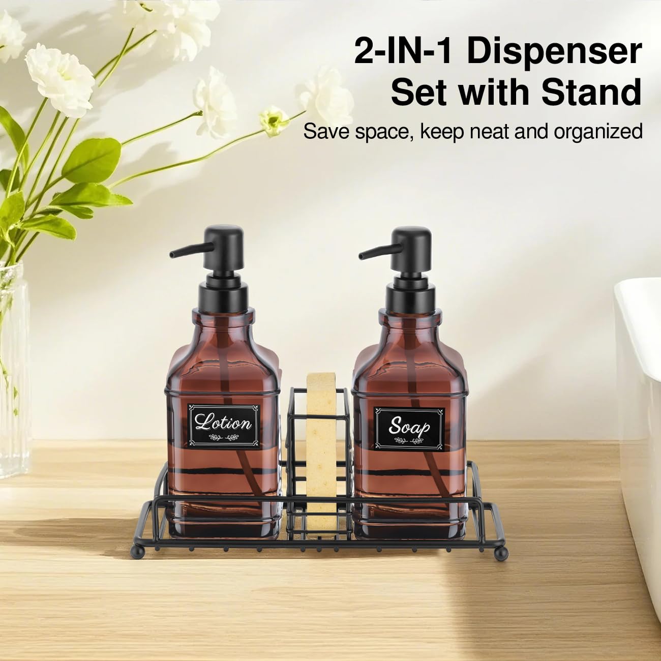Hand And Dish Soap Dispenser Set, Kitchen Soap Dispenser Set With Tray, 2 Pack Thick Glass Soap And Lotion Dispenser For Kitchen