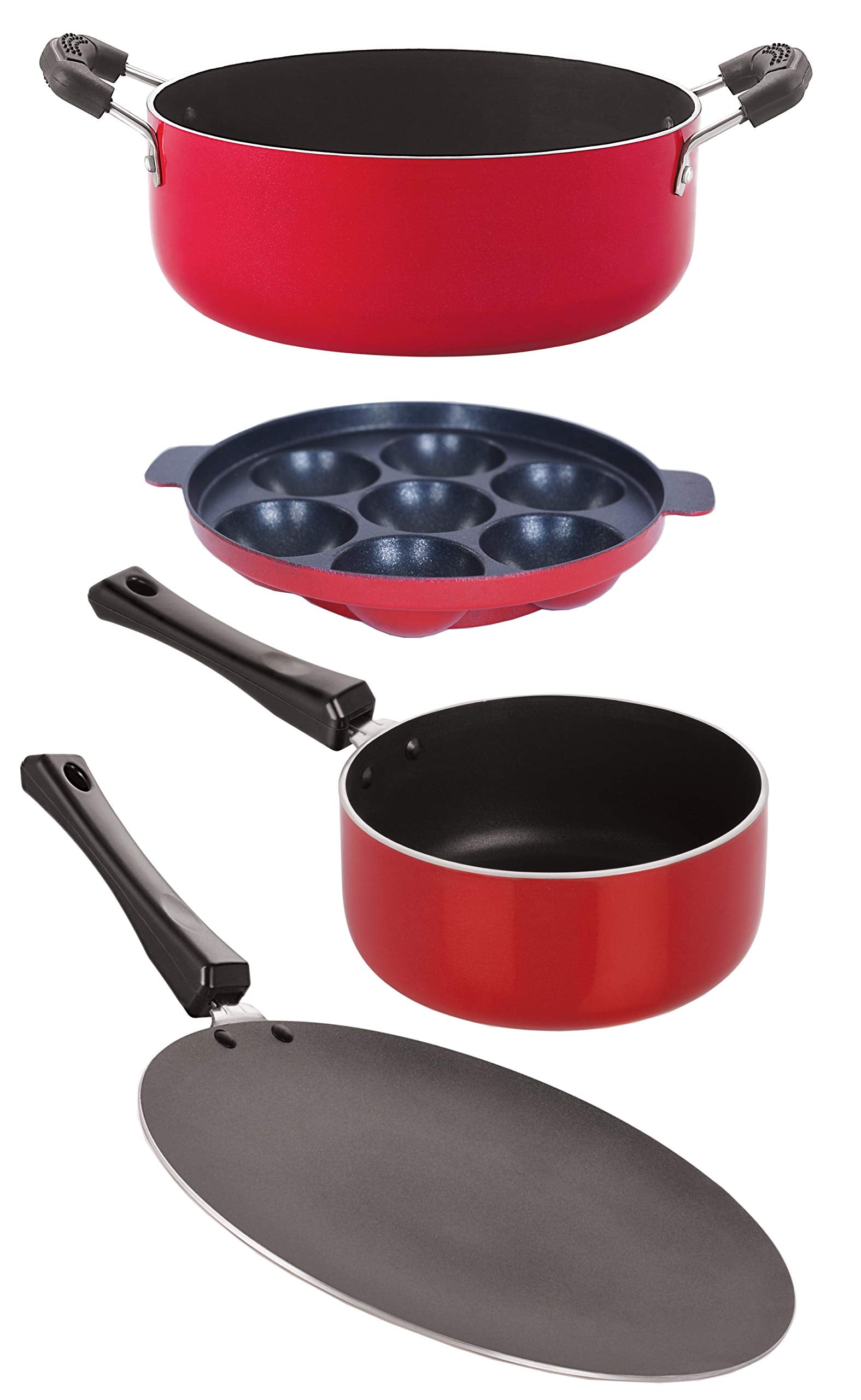 Nirlon Kitchen Non Stick Cookware Combo 1 Concave Tawa 27.5Cm /1 Sauce Pan (B)1.8 Ltr/1 Appam 7 Cavity/1 Casserole 3.1 Ltr  Set
