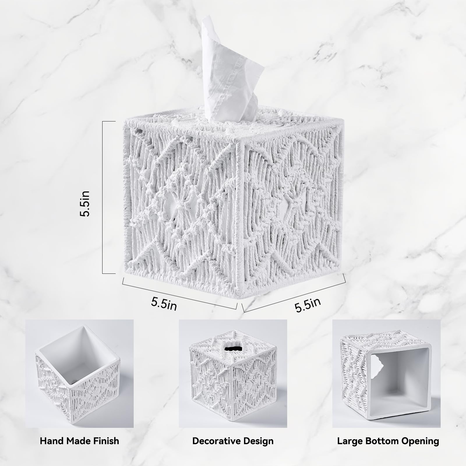 Boho Tissue Box Cover Macrame Square For Home Decor,Resin Heavy Woven Tissue Box Holder For Bathroom Countertop,Bedroom, Living