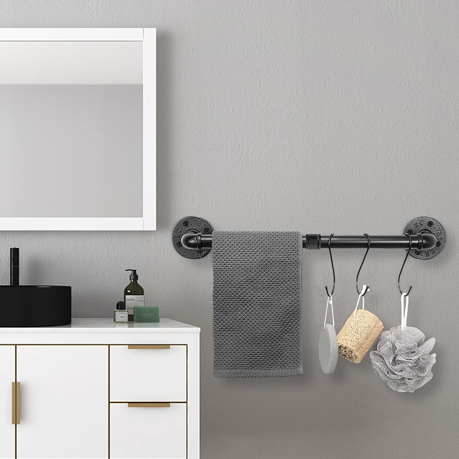 Jeasor Industrial Pipe Towel Rack Towel Bar, Heavy Duty Wall Mounted Rustic Farmhouse Bath Towel Holder For Bathroom (Black, 24