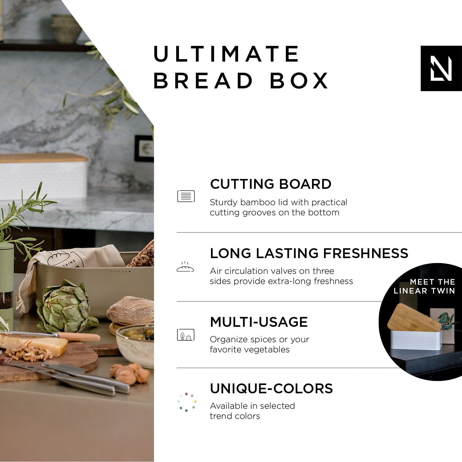 Lars Nysm Bread Box I Metal Bread Box With Linen Bread Bag For Long Lasting Freshness I Bread Box With Bamboo Lid Usable As Cutt