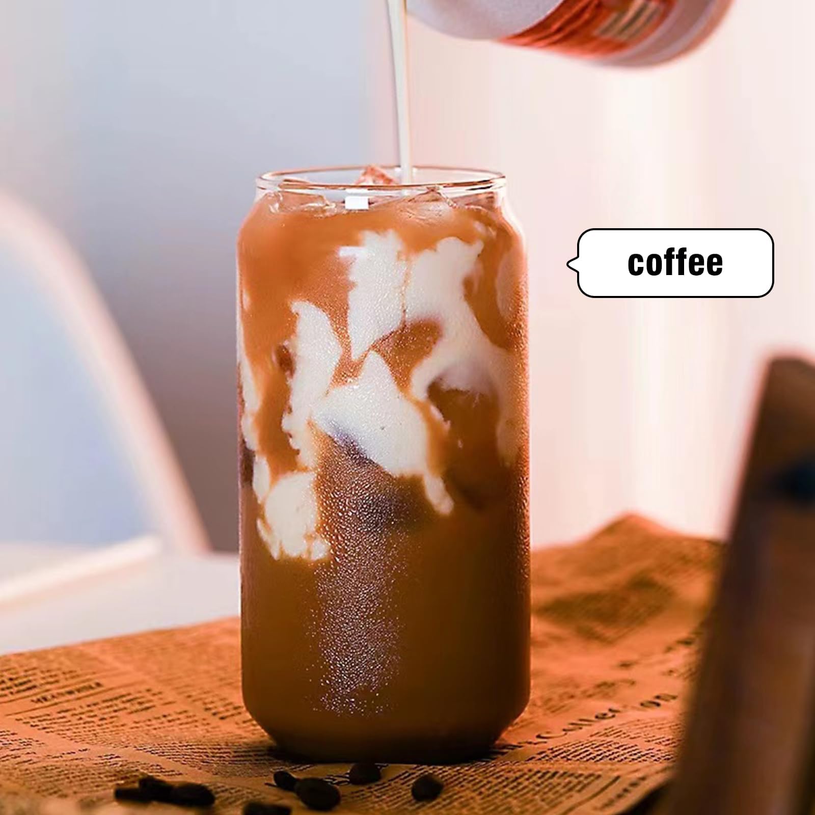 DAMCONME Glass Cups with Lids and Straws Set of 6 - 16oz Holiday Glass Tumblers for Iced Coffee, Juice, or Cocktails - Reusable