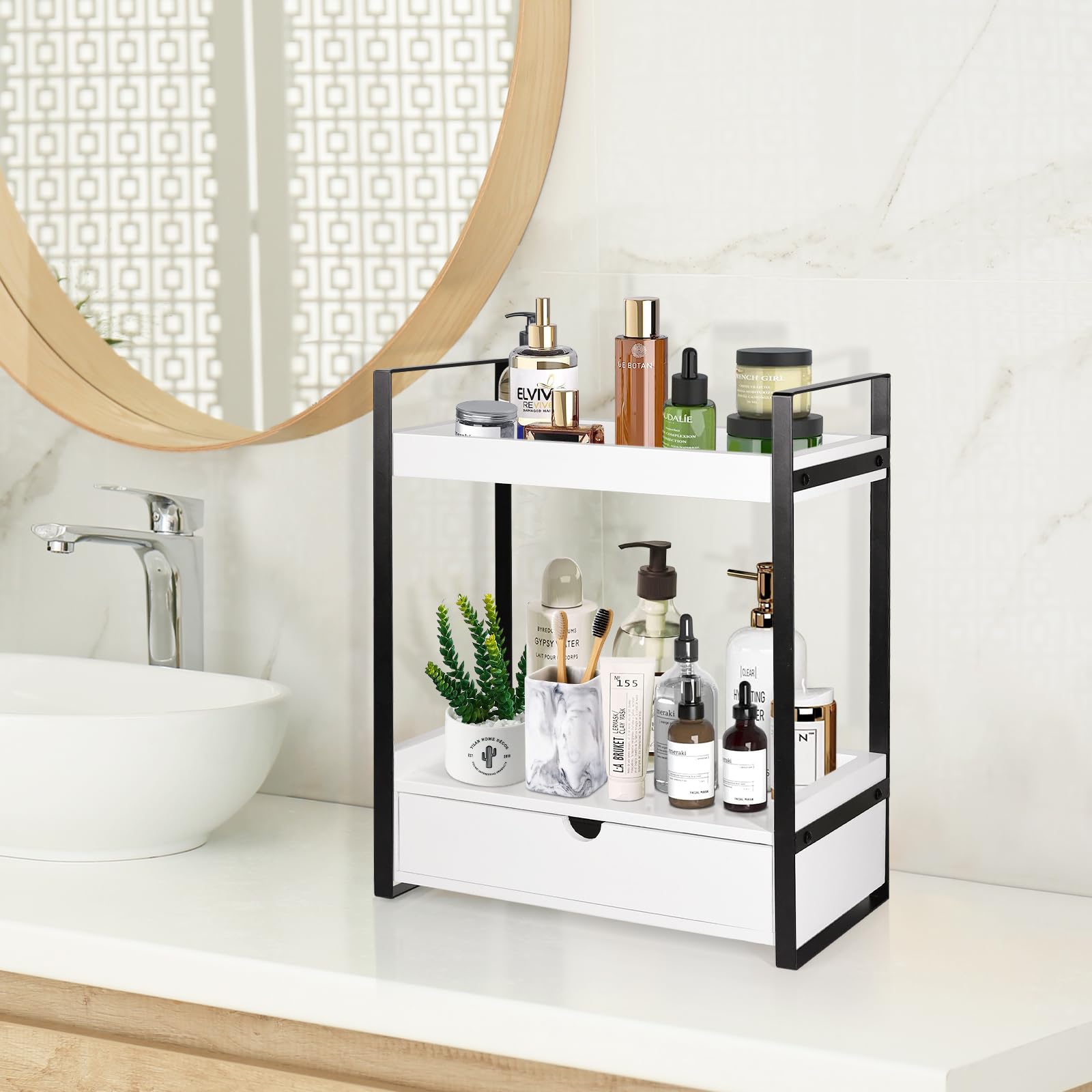 2-Tier Bathroom Organizer Countertop With Drawer, Wood Counter Shelf For Bathroom Storage, Vanity Tray For Bathroom Organization