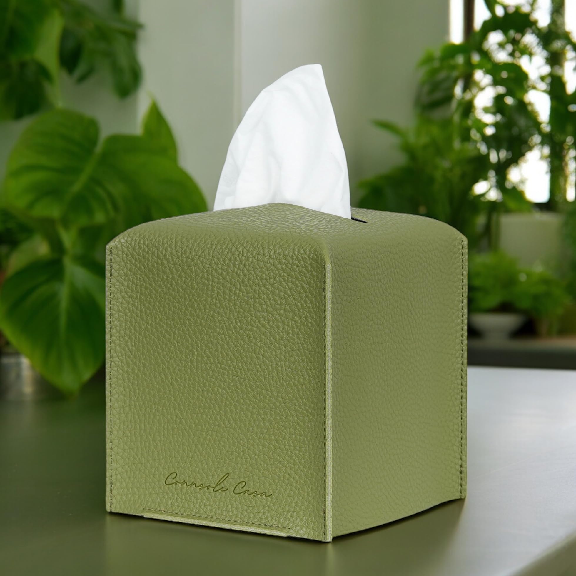 Connsole Casa Premium Pu Leather Tissue Box Holder - Elegant Hotel-Style Green Tissue Box Cover For Enhanced D  Cor Of Home, Off