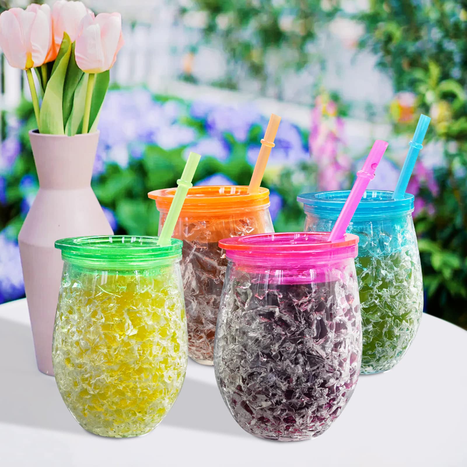 Easicozi Cute Shape Frosty Freezer Ice Mugs With Straw Clear 11.8Oz Set Of 4(Red, Green, Blue And Orange) (Oval)