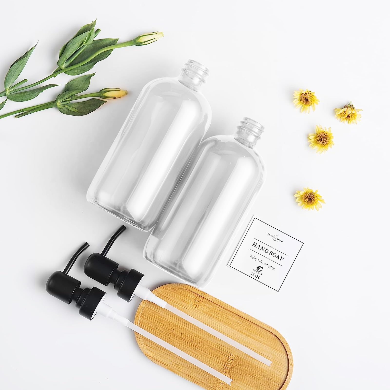 Duvein 2 Pack Clear Glass Soap Dispenser Refillable Bottles With Bamboo Tray For Kitchen Bathroom Soap Hand Soap Lotion Conditio