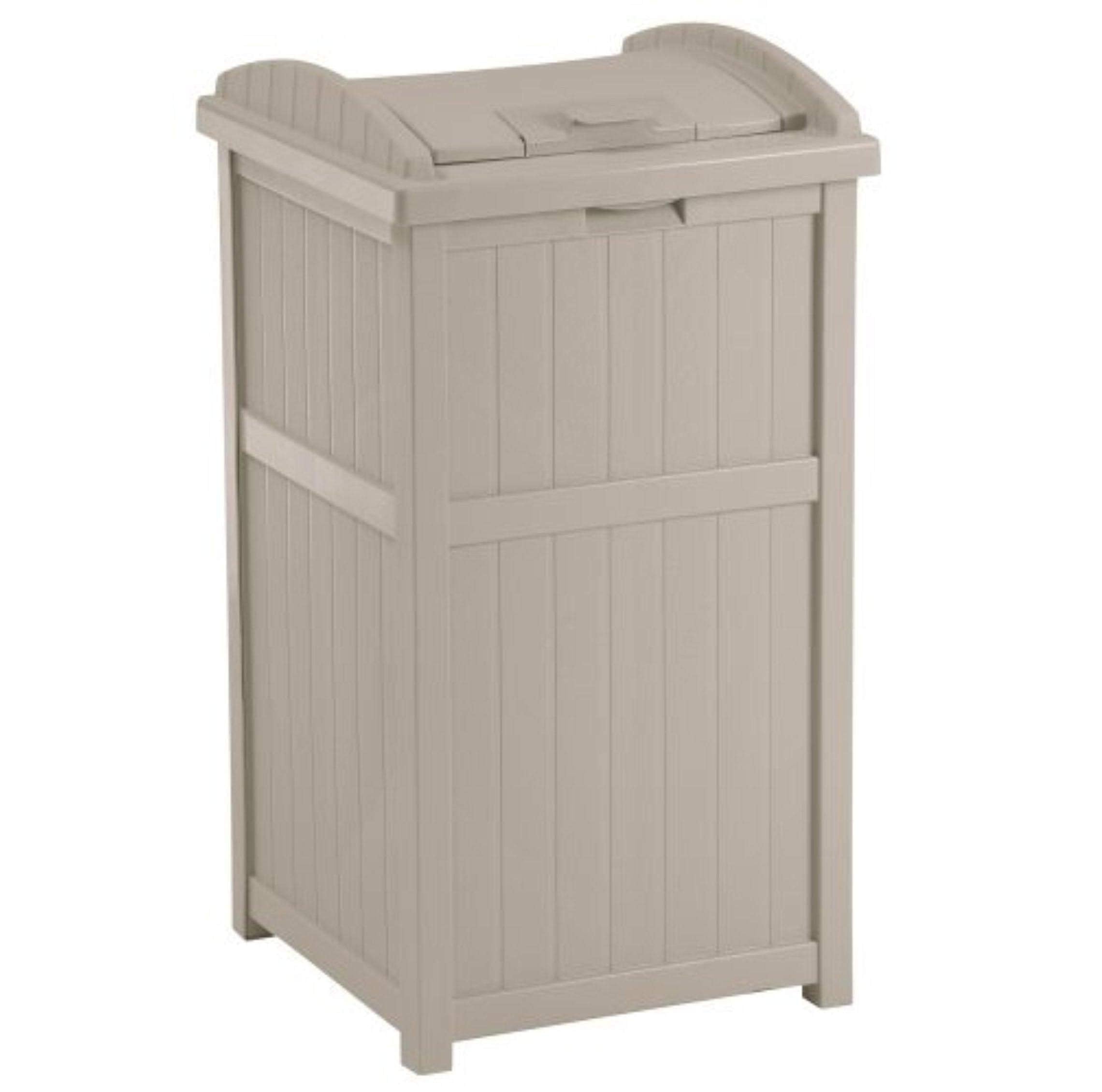 Suncast 33 Gallon Trash Hideaway Easy Assembly Durable Plastic Garbage Container With Wood Look Design, 1 Beige And Brown (2 Pac