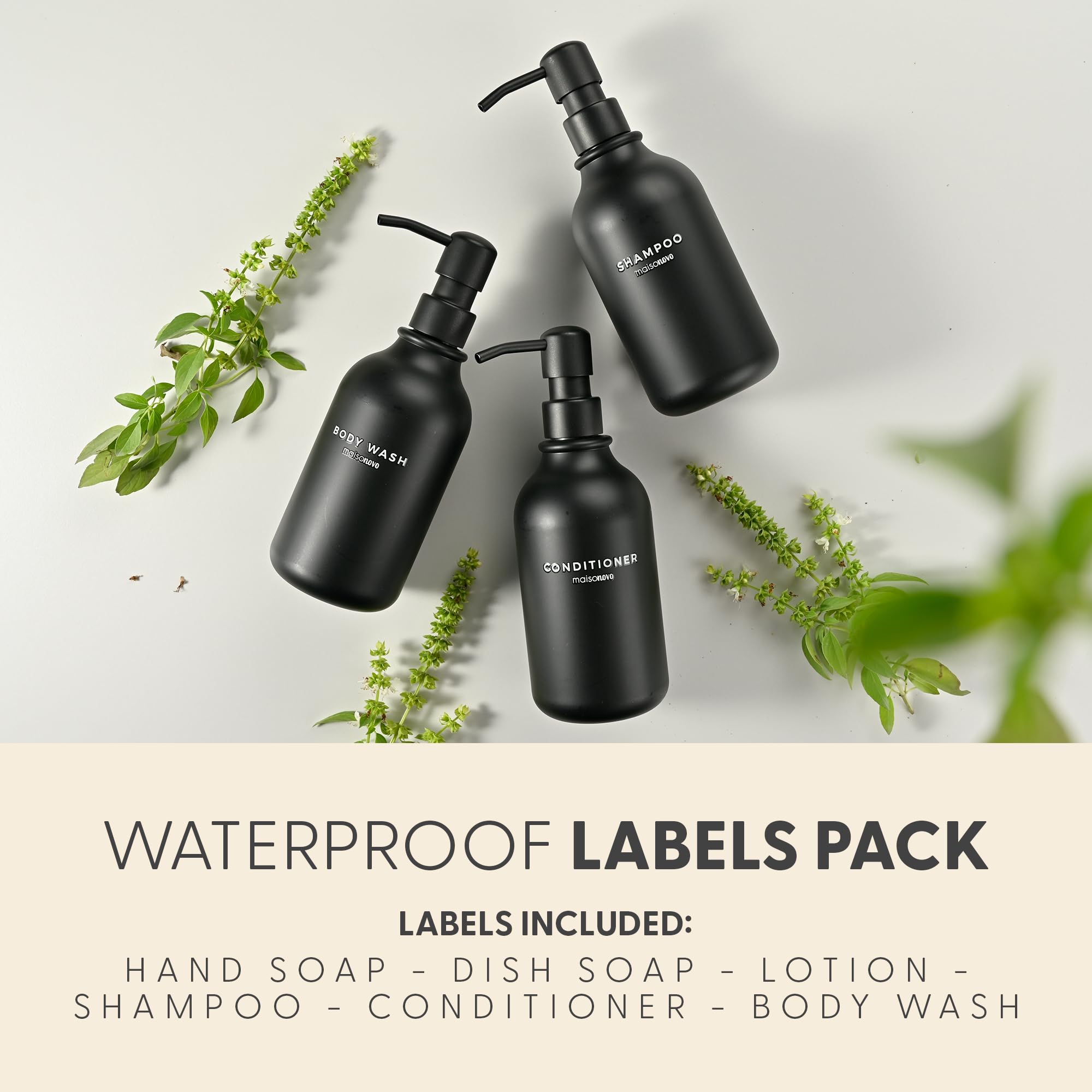 MaisoNovo Shampoo and Conditioner Dispenser | 3 Plastic Black 3 Wall Mount Black | Shampoo Dispenser with Labels | Shower Bottles Refillable