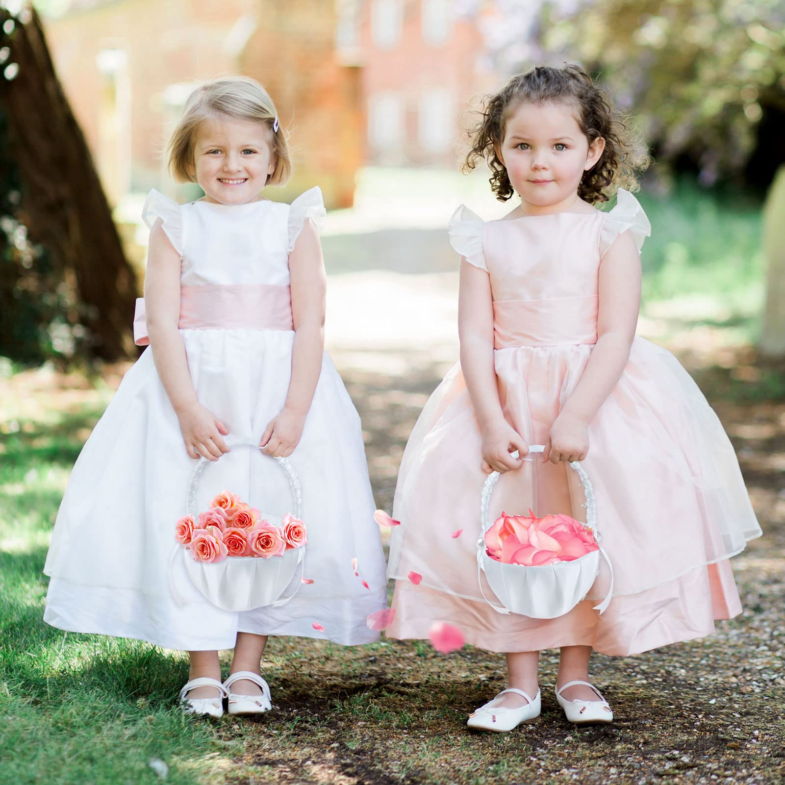 4Pcs Wedding Flower Baskets, White Satin Bowknot Flower Baskets Pearl Collection Flower Girl Baskets For Weddings (Pearl Bow)