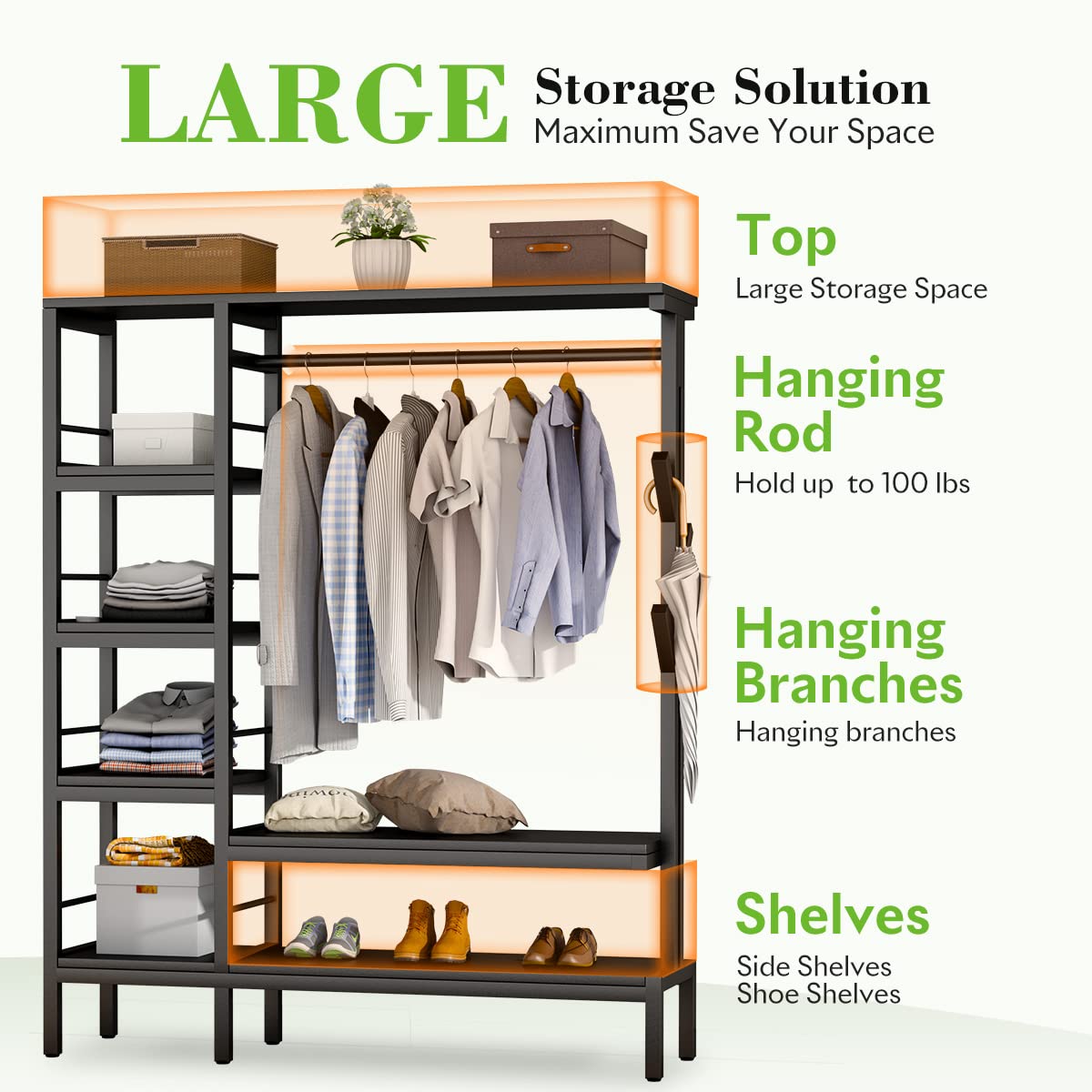 Hokeeper 650Lbs Capacity Free Standing Closet Organizer With 6 Metal Shelves And Coat Rack Heavy Duty Clothing Rack For Hanging