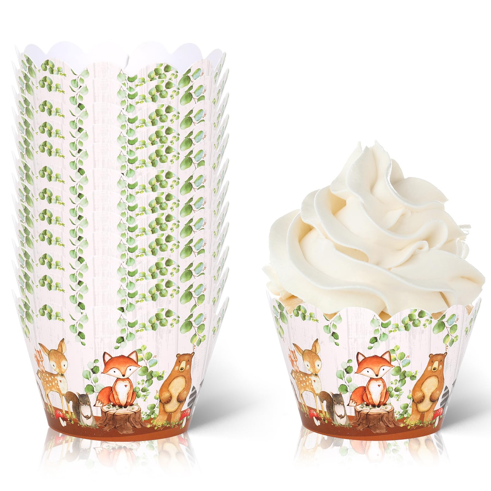 Whaline 36Pcs Woodland Creatures Cupcake Wrappers Forest Animal Cupcake Liners Cute Paper Baking Cup Decorative Cupcake Holders