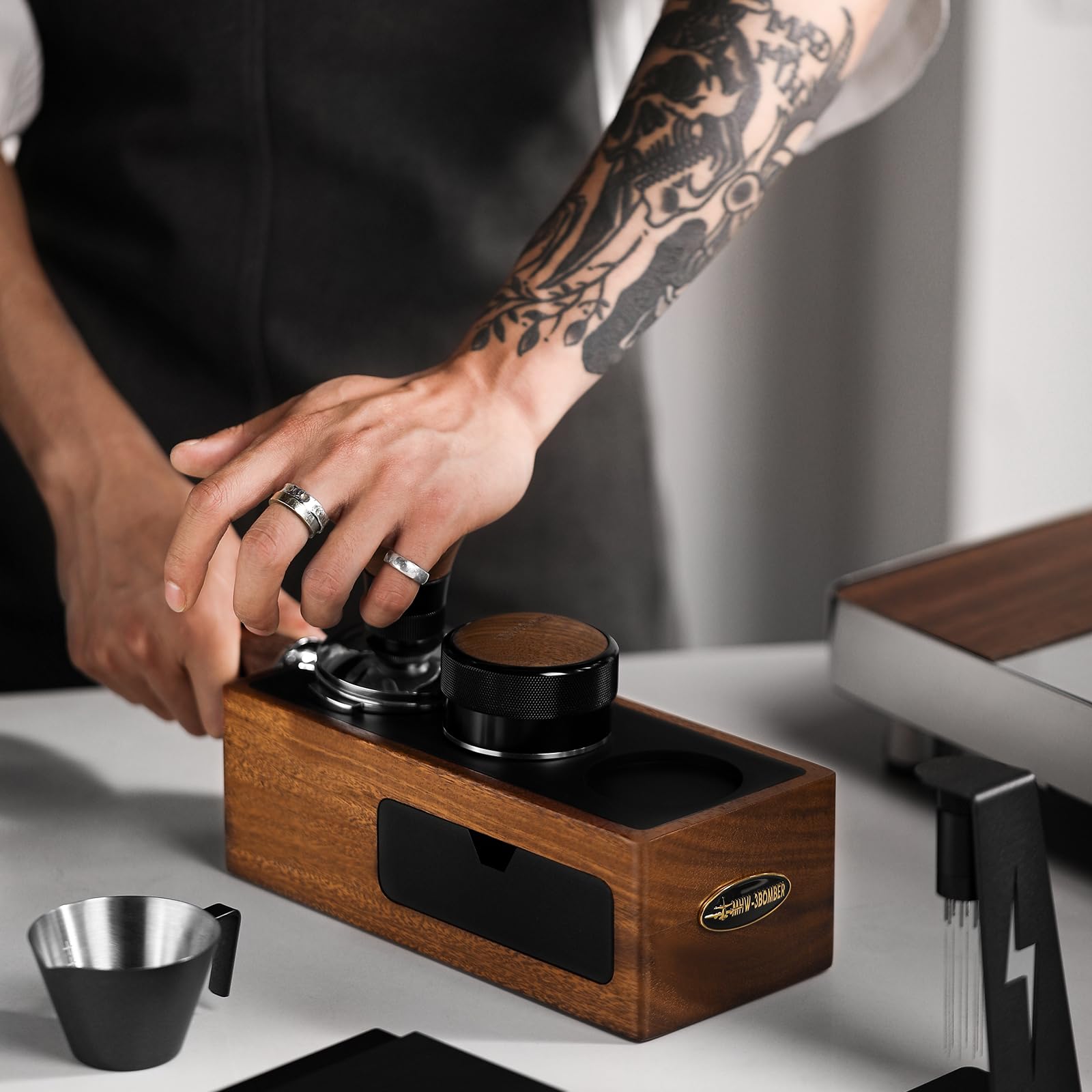 Mhw-3Bomber Espresso Tamping Station, 4 In 1 Walnut Espresso Organizer Box With Magnetic Drawer For Storage 51Mm, 54Mm, 58Mm Esp