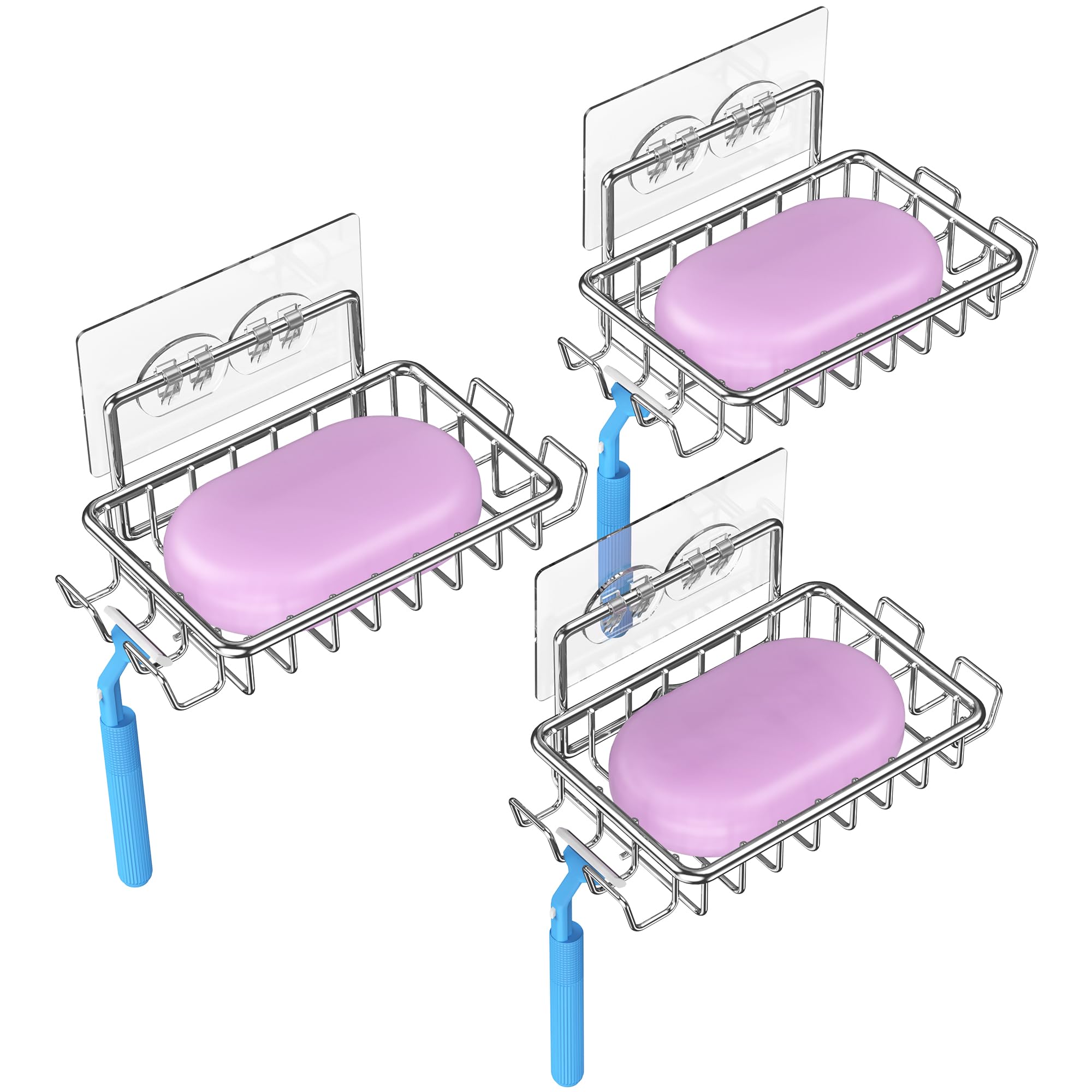 Ailibuligo Adhesive Soap Bar Holder Dish For Shower Wall With Hooks, Silver, 3 Pack