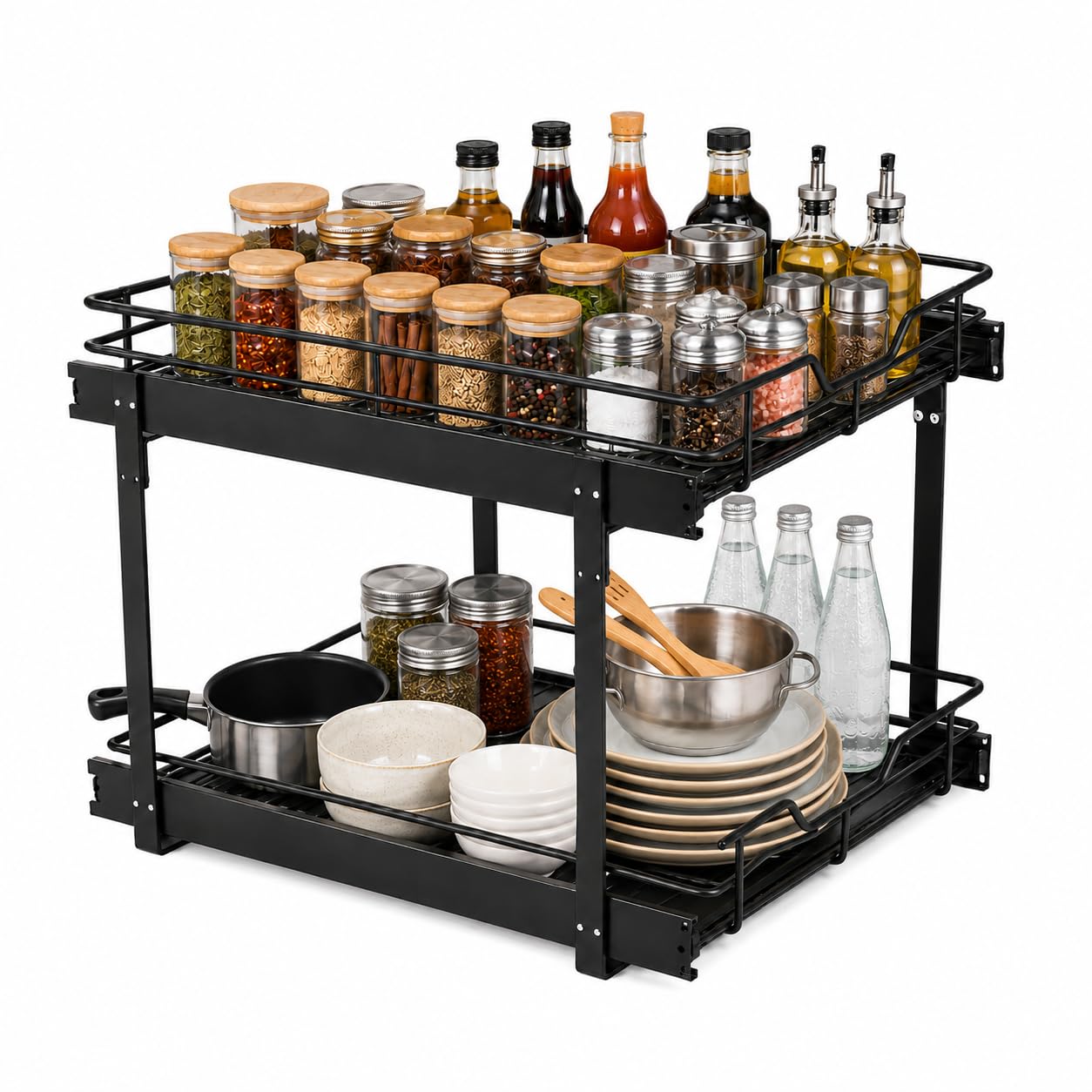 Black 2 Tier Pull Out Drawers for Cabinets 15 W x 22 D Cabinet Organizer
