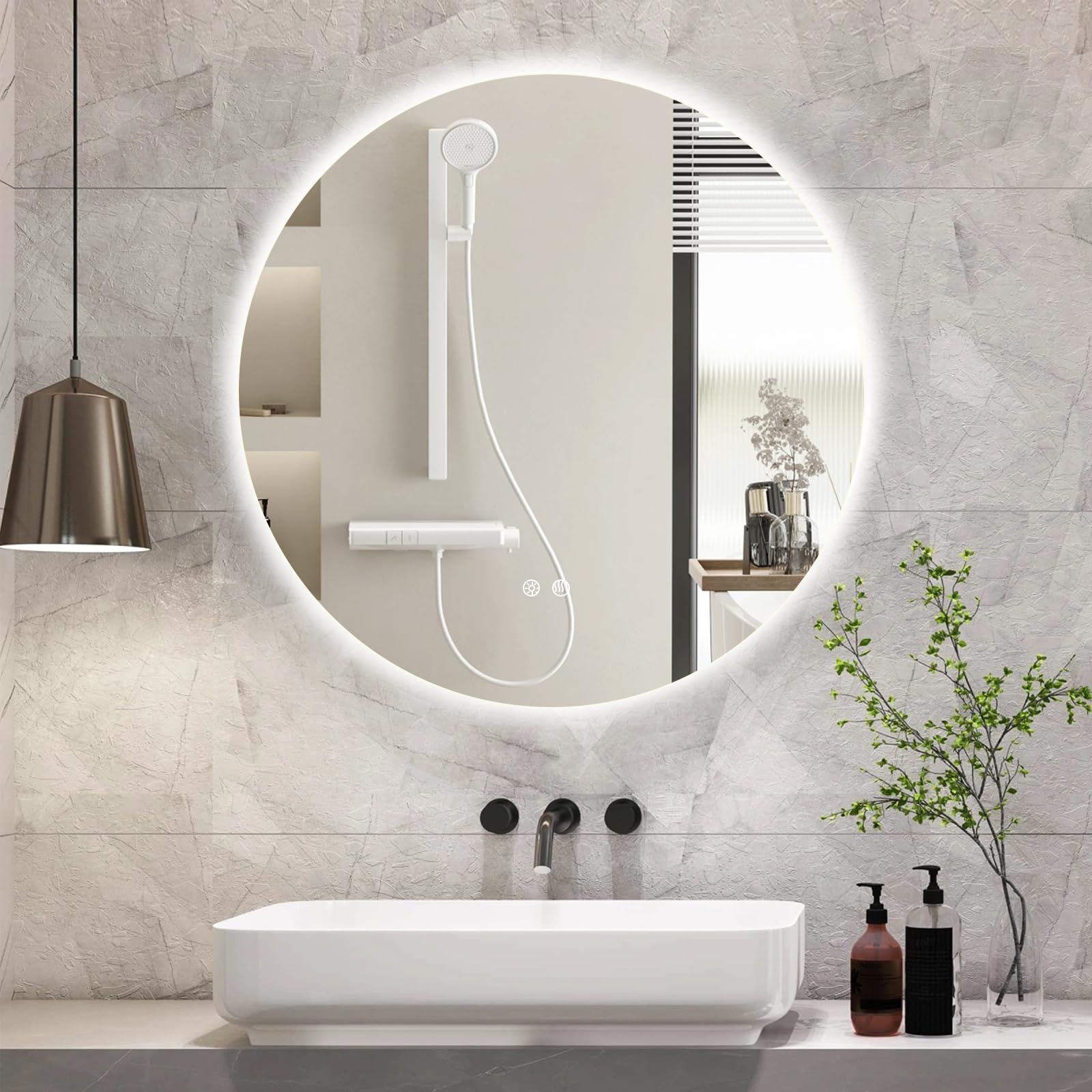 BuLife 32 Inch Round LED Bathroom Mirror Backlit Anti-Fog Wall Mounted Lighted Bathroom Vanity Mirror 3 Colors Light Dimmable Sm